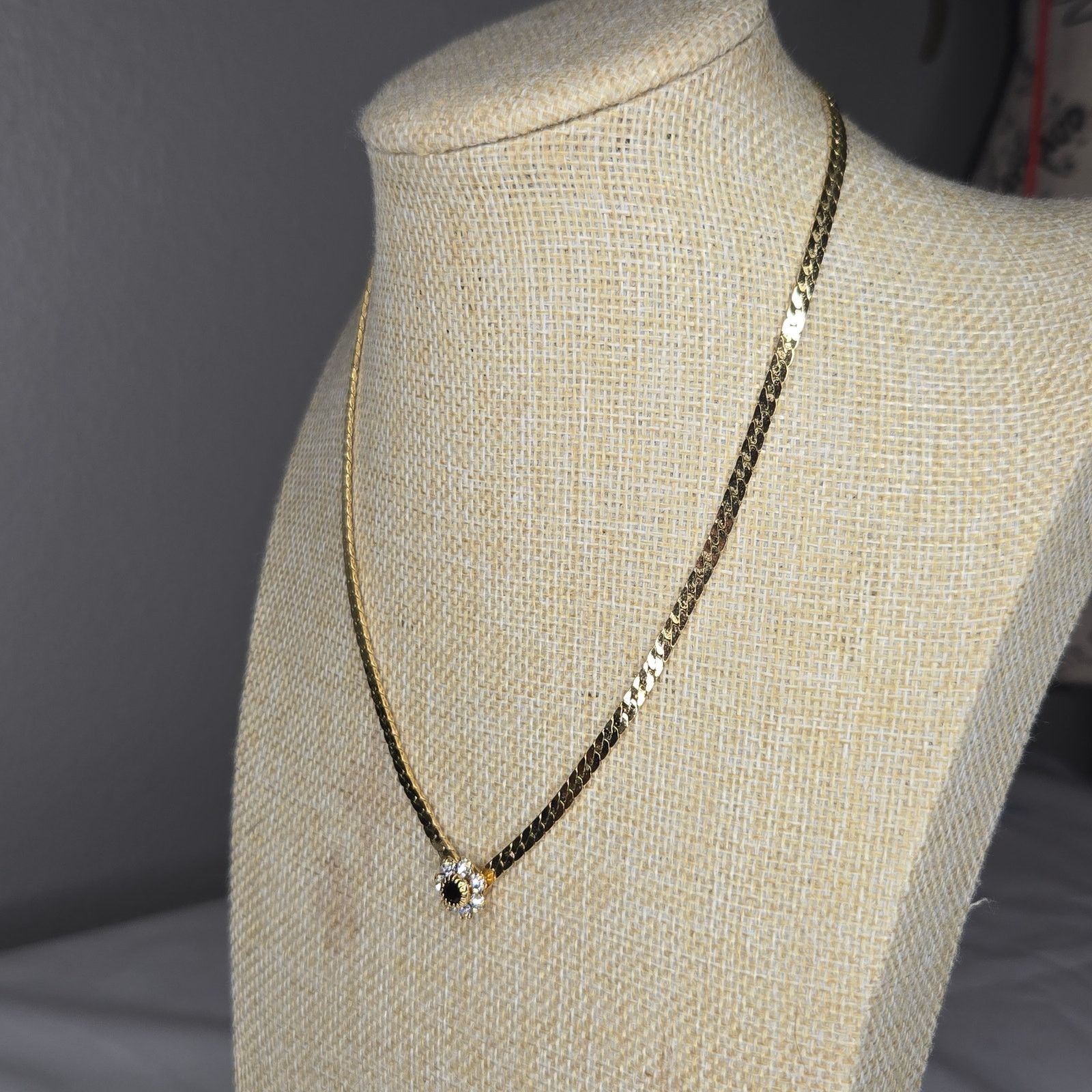 Vintage Vintage Gold Tone Rhinestone Flower Choker Herringbone Chain Size ONE SIZE - 11 Thumbnail