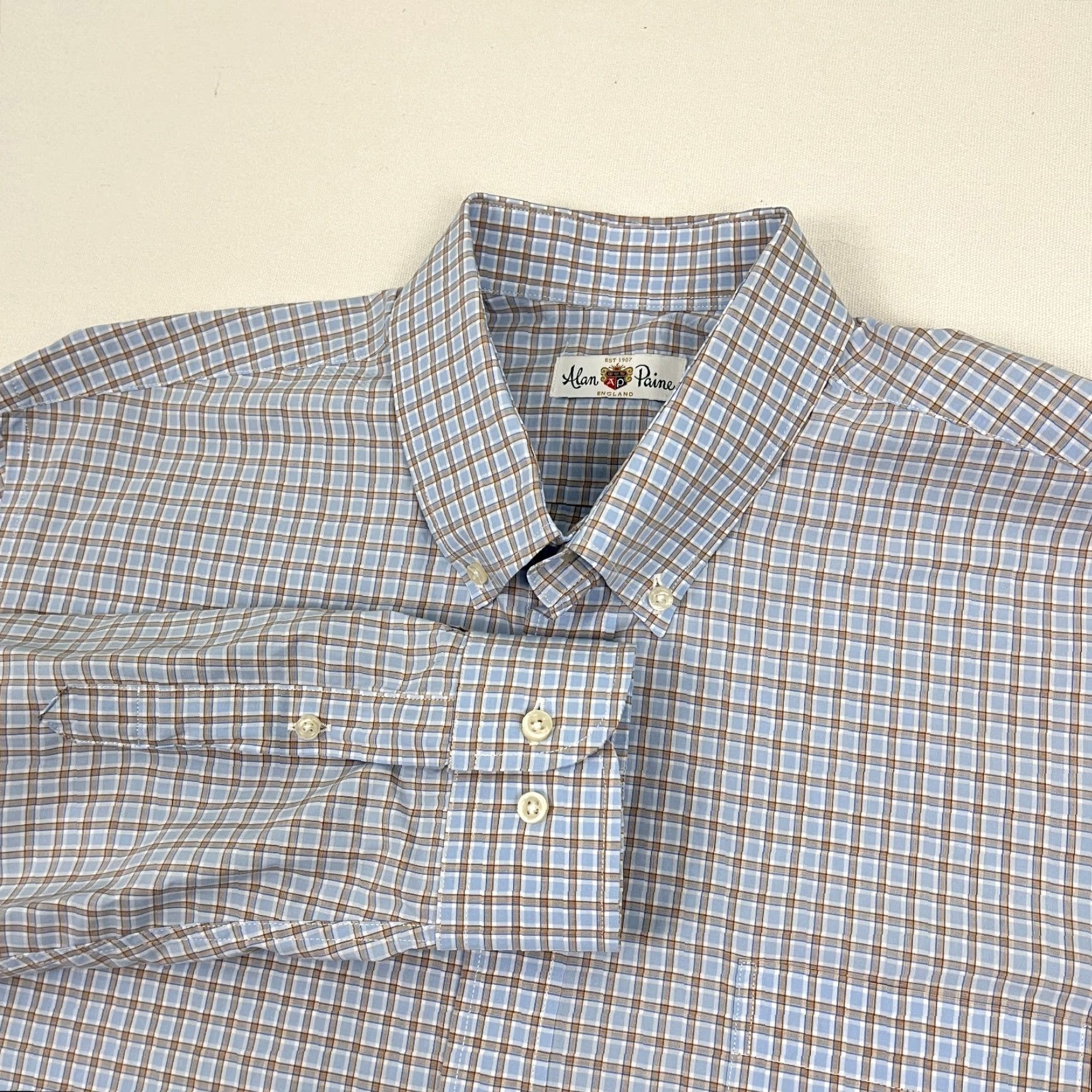 Vintage Alan Paine England Mens XL Blue Brown Plaid Button Down Shirt Business Casual Formal Workwear Shirt Size 46R - 2 Thumbnail