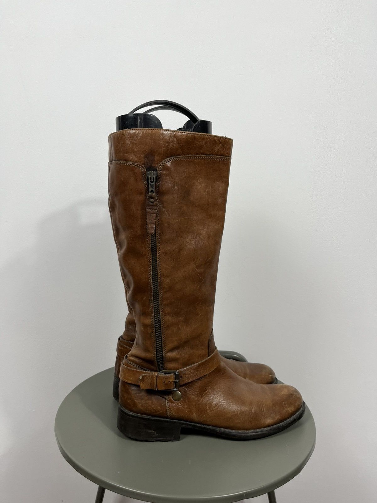 Leather Vintage Brown Leather Knee High Boots Side Zip Buckle EU 41 Size US 10 / IT 40 - 3 Thumbnail