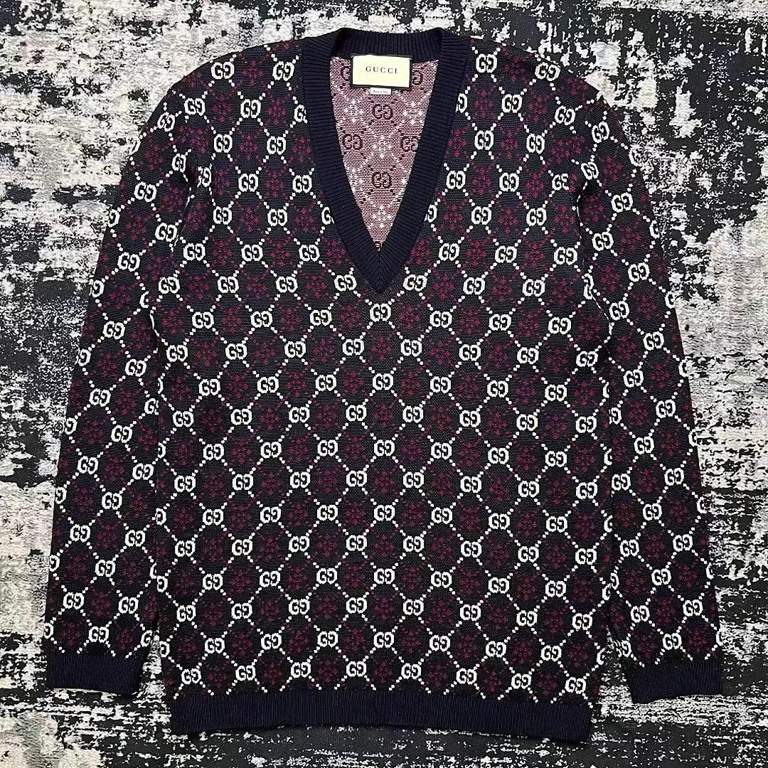 Gucci GUCCI Wine Red GG Monogram V-neck Wool OS Sweater Size US M / EU 48-50 / 2 - 1 Thumbnail