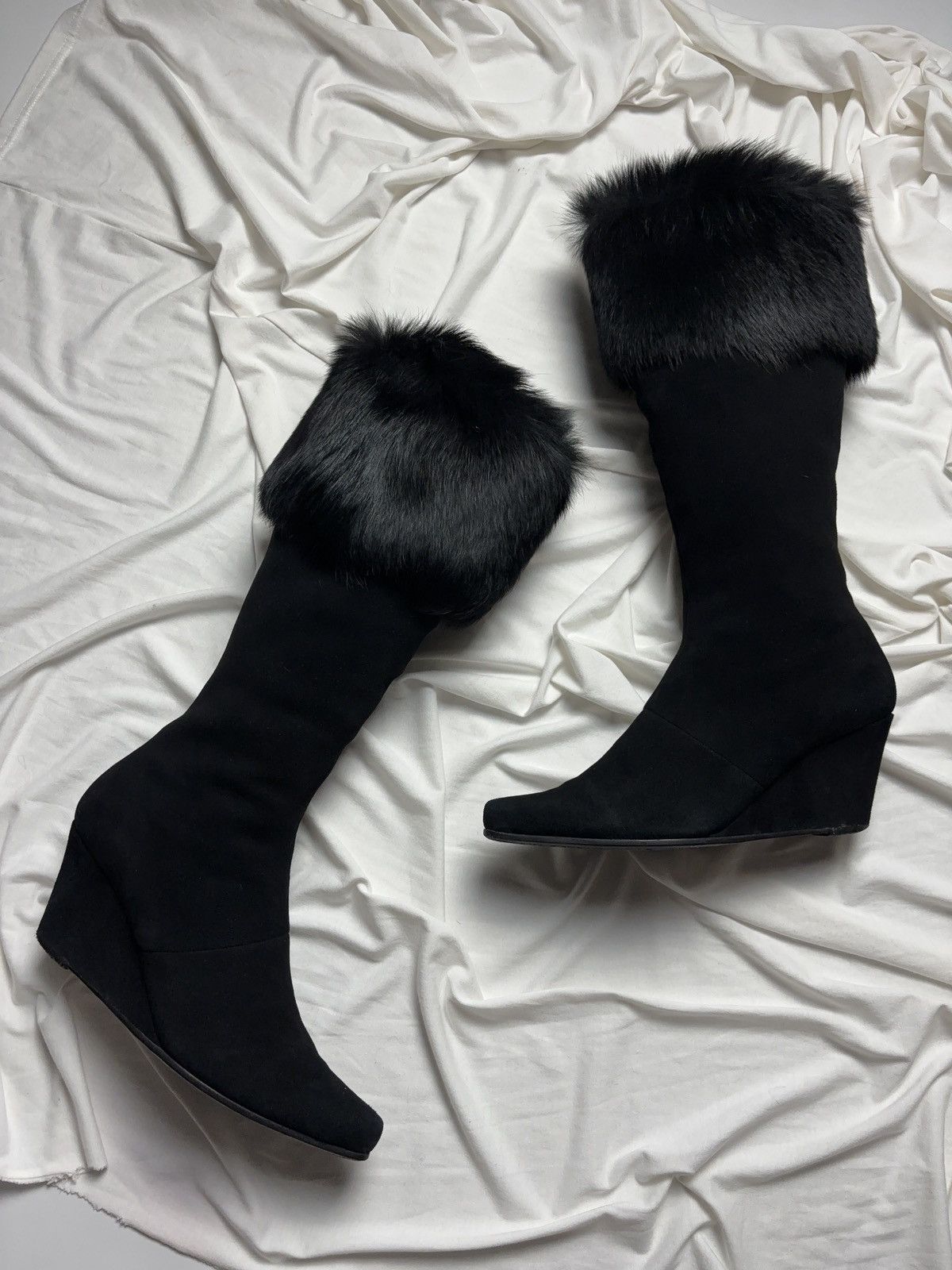 Archival Clothing x Avant Garde Paolo Conte Italian Real Fur Vintage Heel Shoes Wedge High Boots in Black, Women's (Size 7)