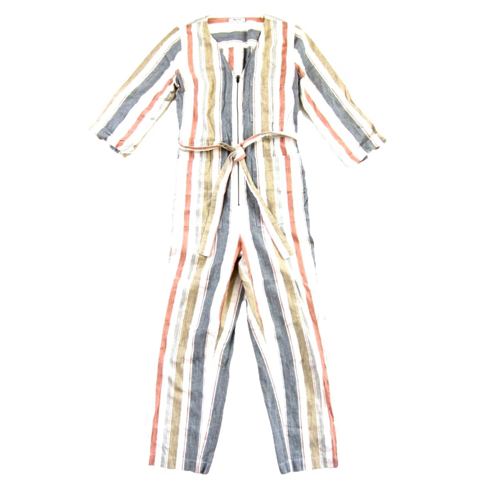 Madewell Madewell Cotton Canvas Green Orange Striped Pocket Zip Overall Jumpsuit Size 0 Size 25" / US 0 / IT 36 - 3 Thumbnail