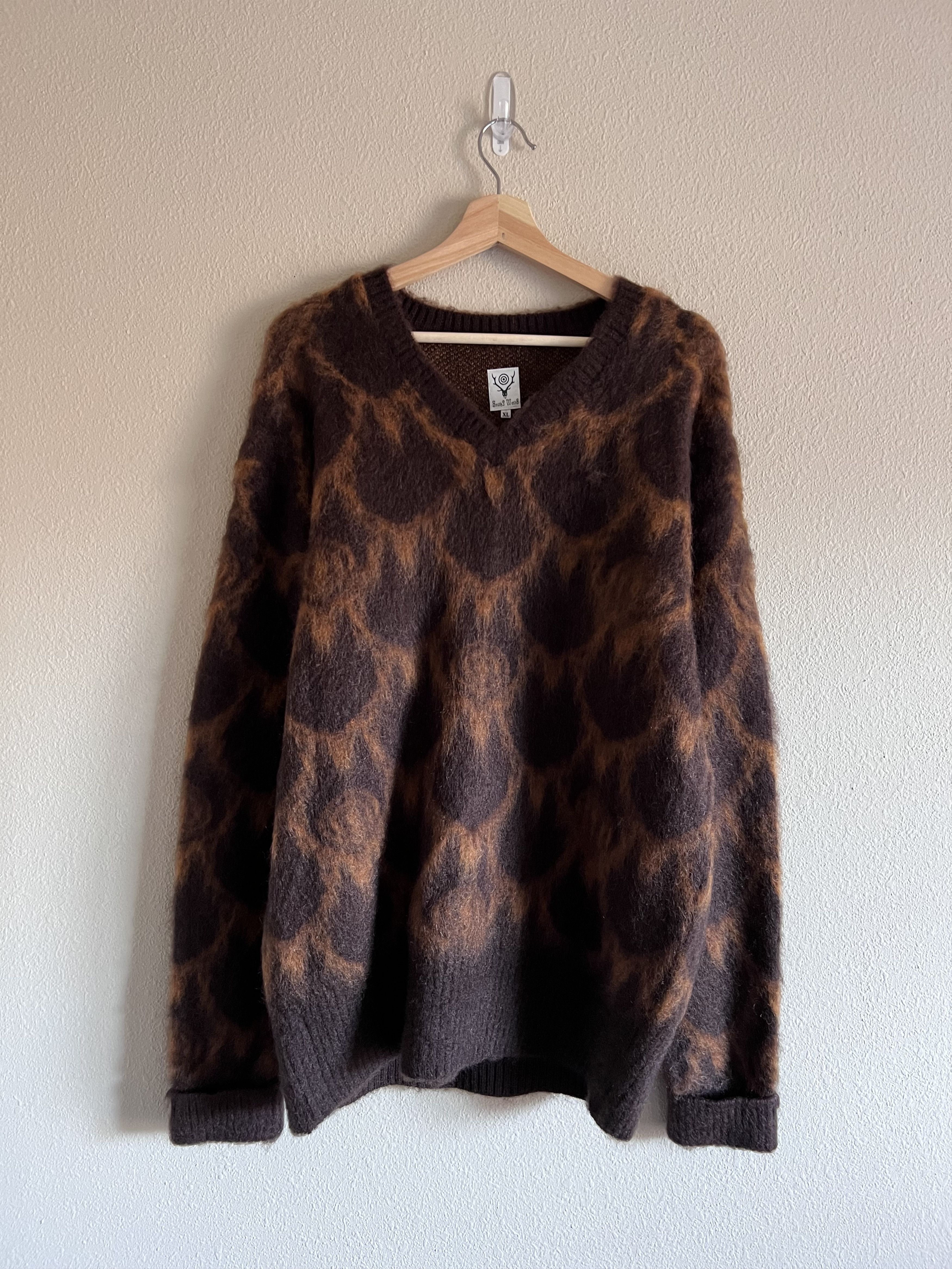 image of South2 West8 Nordic Loose Fit V-Neck Sweater In Brown, Men's (Size XL)