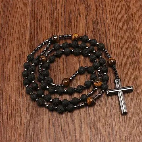 Vintage Natural Lava Stone Tiger-eye Hematite Cross Pendant Necklace Size ONE SIZE - 2 Thumbnail