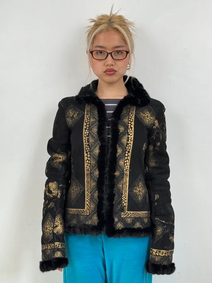 Roberto Cavalli 2000s Roberto Cavalli Black & Golden Royal Shearling Jacket Size M / US 6-8 / IT 42-44 - 2 Thumbnail