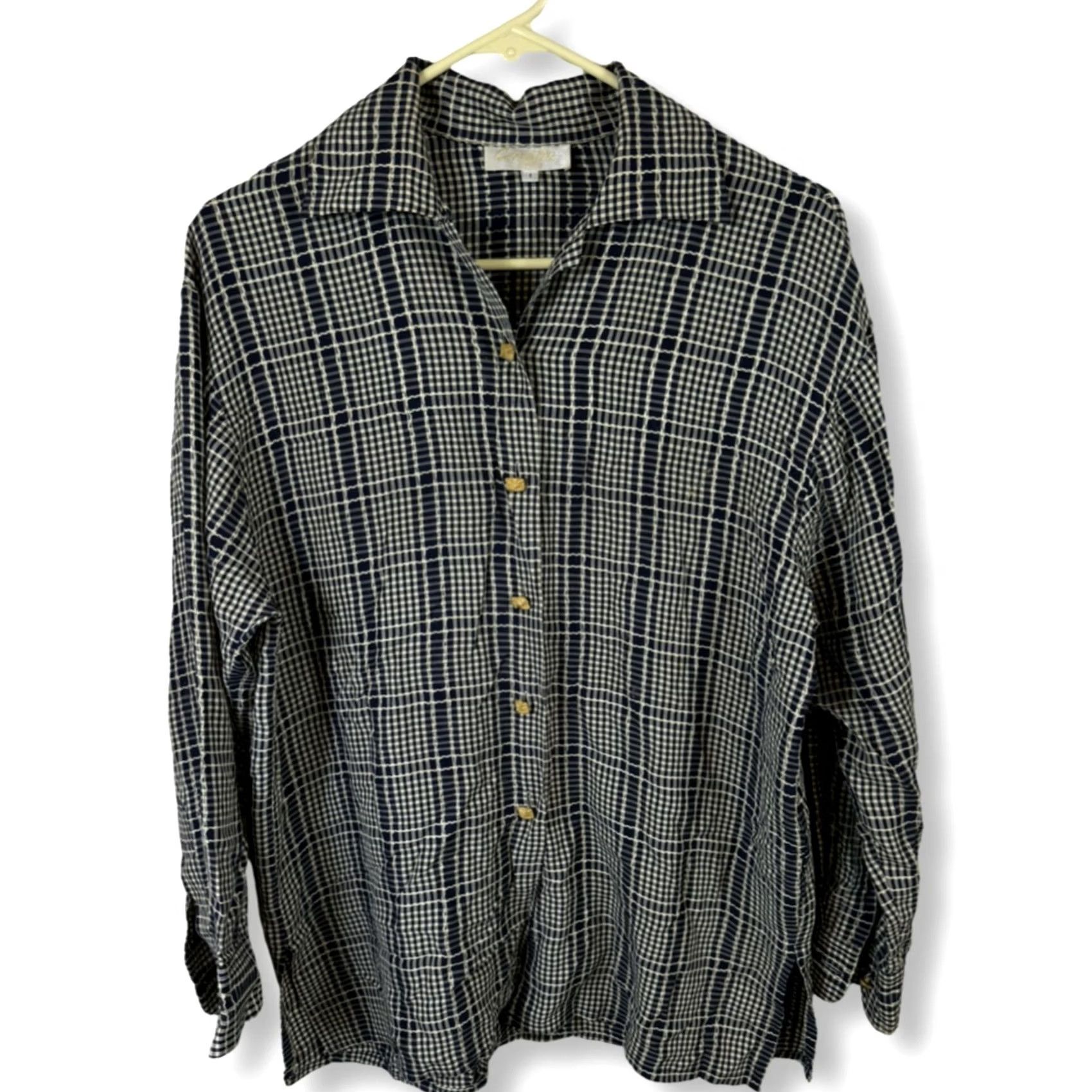 Vintage Corida Blouse Women's 1 Cream & Black Checkered Button-Front Long Sleeve Top W57 Size XS / US 0-2 / IT 36-38 - 2 Thumbnail