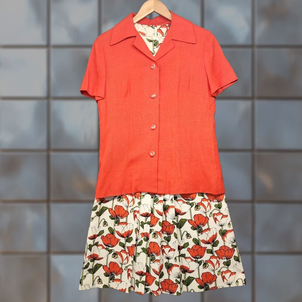 Vintage VINTAGE 60s Handmade Womens 2 Piece Dress Top Set Orange Floral Mod Pleat Belt S/M Womens Size S / US 4 / IT 40 - 1 Thumbnail