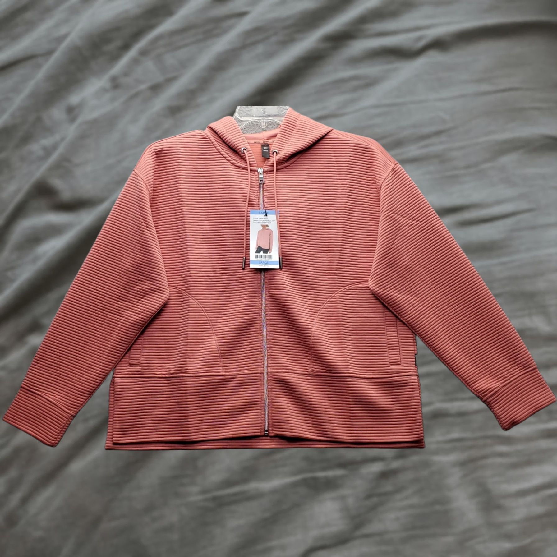 DKNY DKNY Hooded Jacket Women L Pink Ribbed Soft Ottoman Tech Pockets Zip Up DPMJ9667 Size L / US 10 / IT 46 - 1 Thumbnail