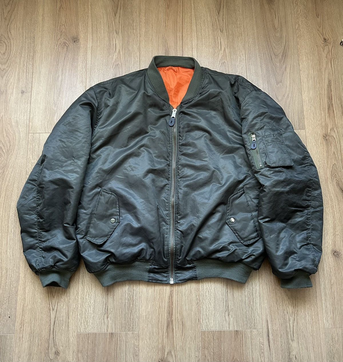 image of Bomber Jacket x Made In USA Vintage Ma-1 Flyer Olive Nylon Bomber Boxyfit Military Style (Size 2XL)