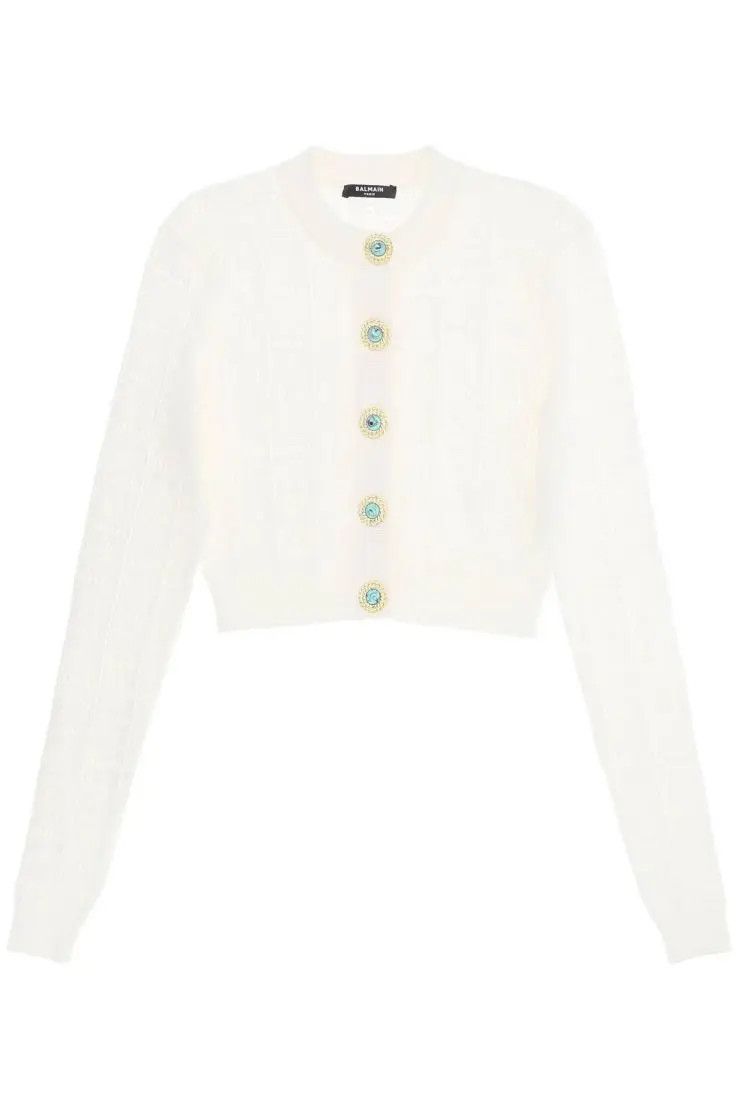 image of Balmain O1S22I1N0424 Cropped Cardigan In White, Women's (Size Small)