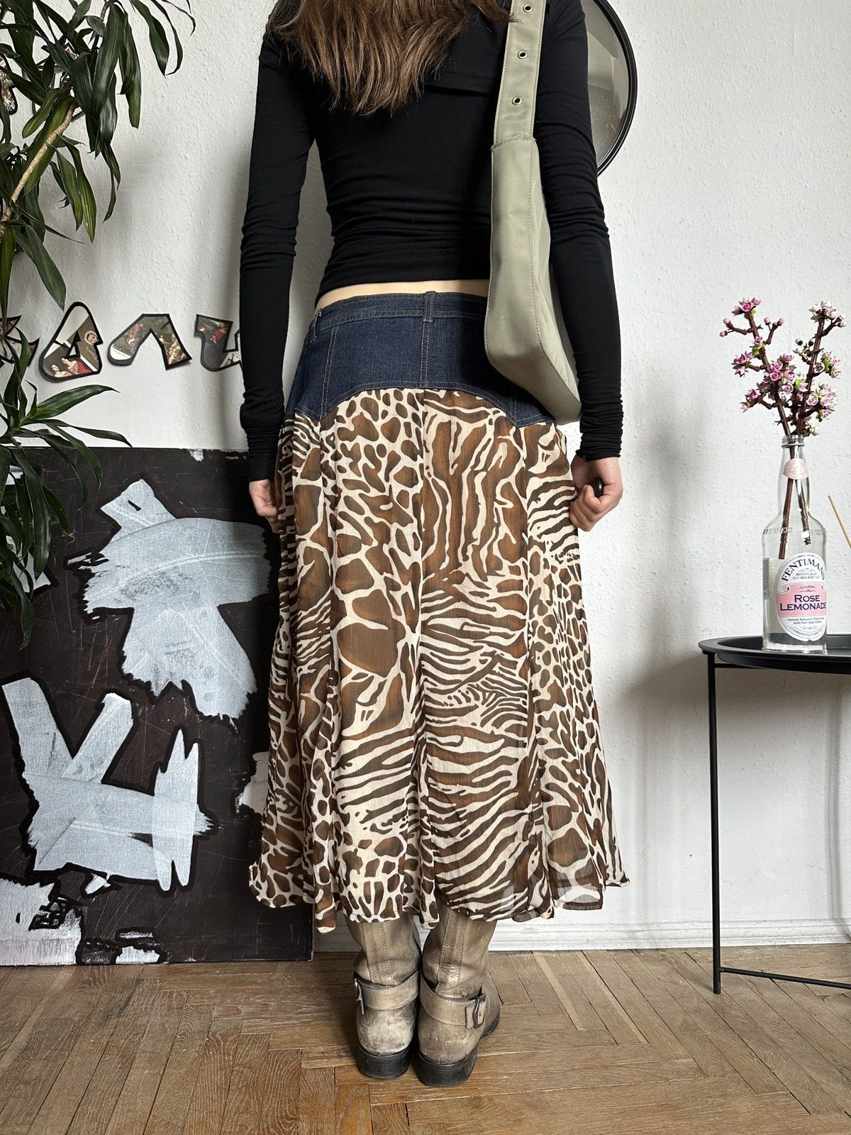 Vintage Giraffe Pattern & Denim Boho Mesh Mixed Fabric Midi Skirt Size 27" / US 4 / IT 40 - 6 Thumbnail