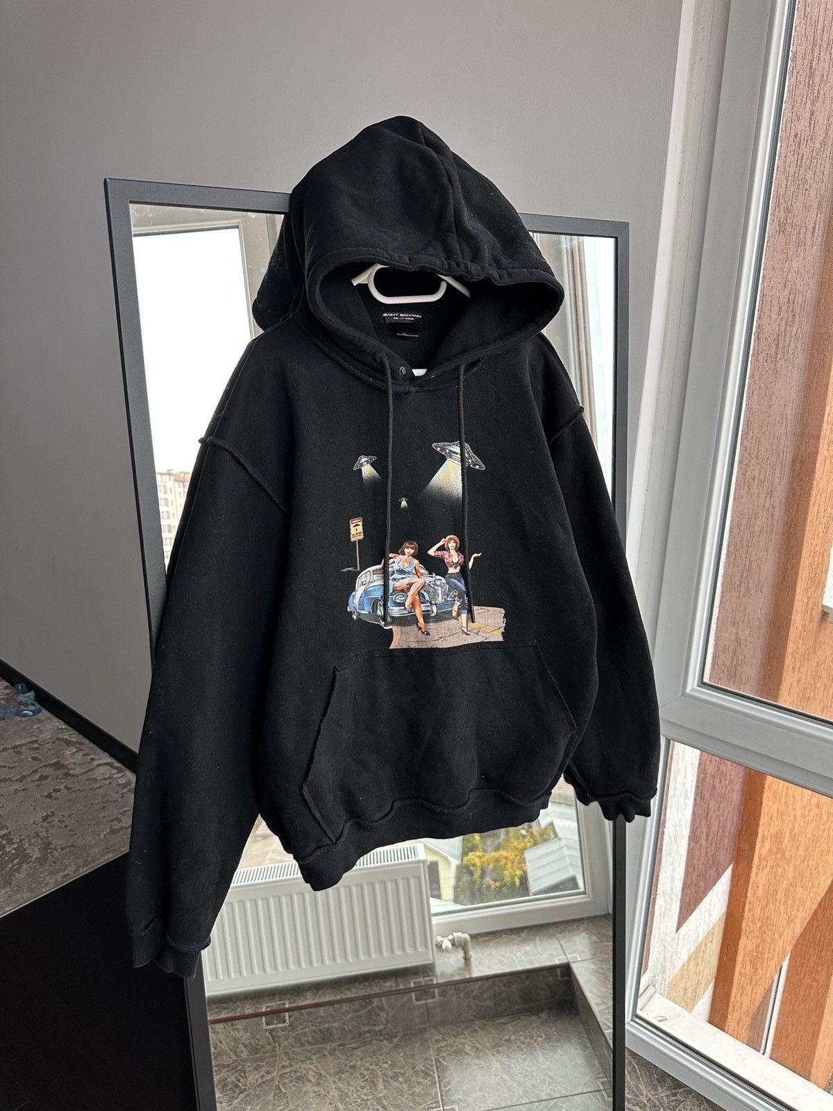 Vintage Saint Giovanni De La Mode “Aliens Ahead” Graphic Mens Hoodie Size US L / EU 52-54 / 3 - 1 Thumbnail