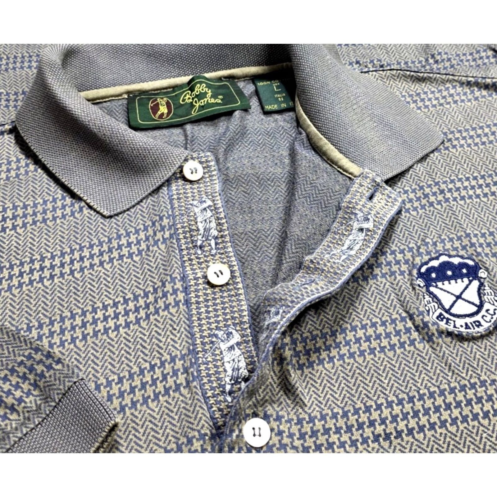 Vintage Bobby Jones Bel-Air C.C Embroidered Polo Shirt L Gray Houndstooth Button-Up Short Sleeve Italy Vintage Mens Size US L / EU 52-54 / 3 - 3 Thumbnail