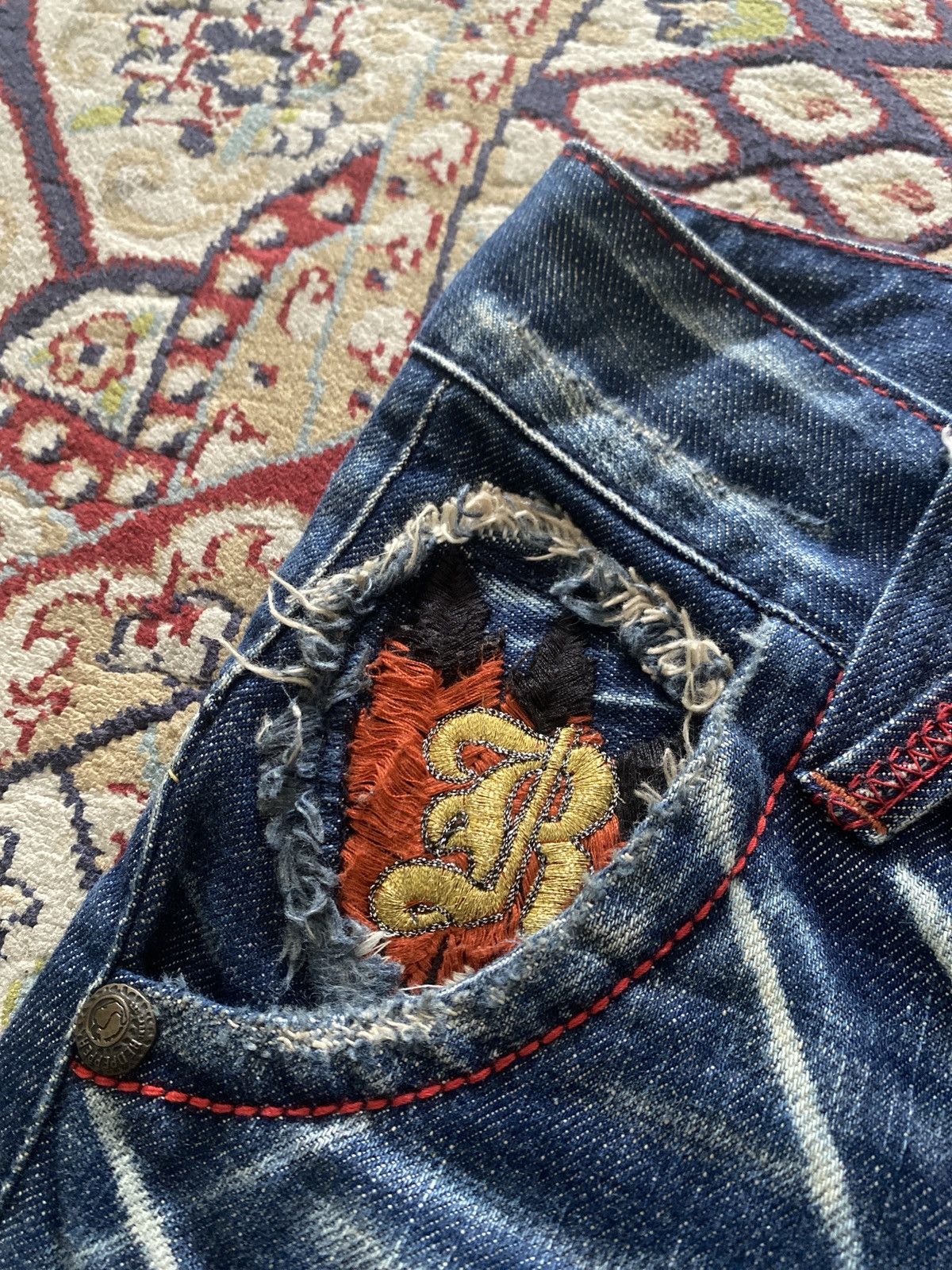 Ed Hardy × In The Attic Red Pepper Embroidered Pocket Flared Denim Jeans Size US 27 - 8 Thumbnail