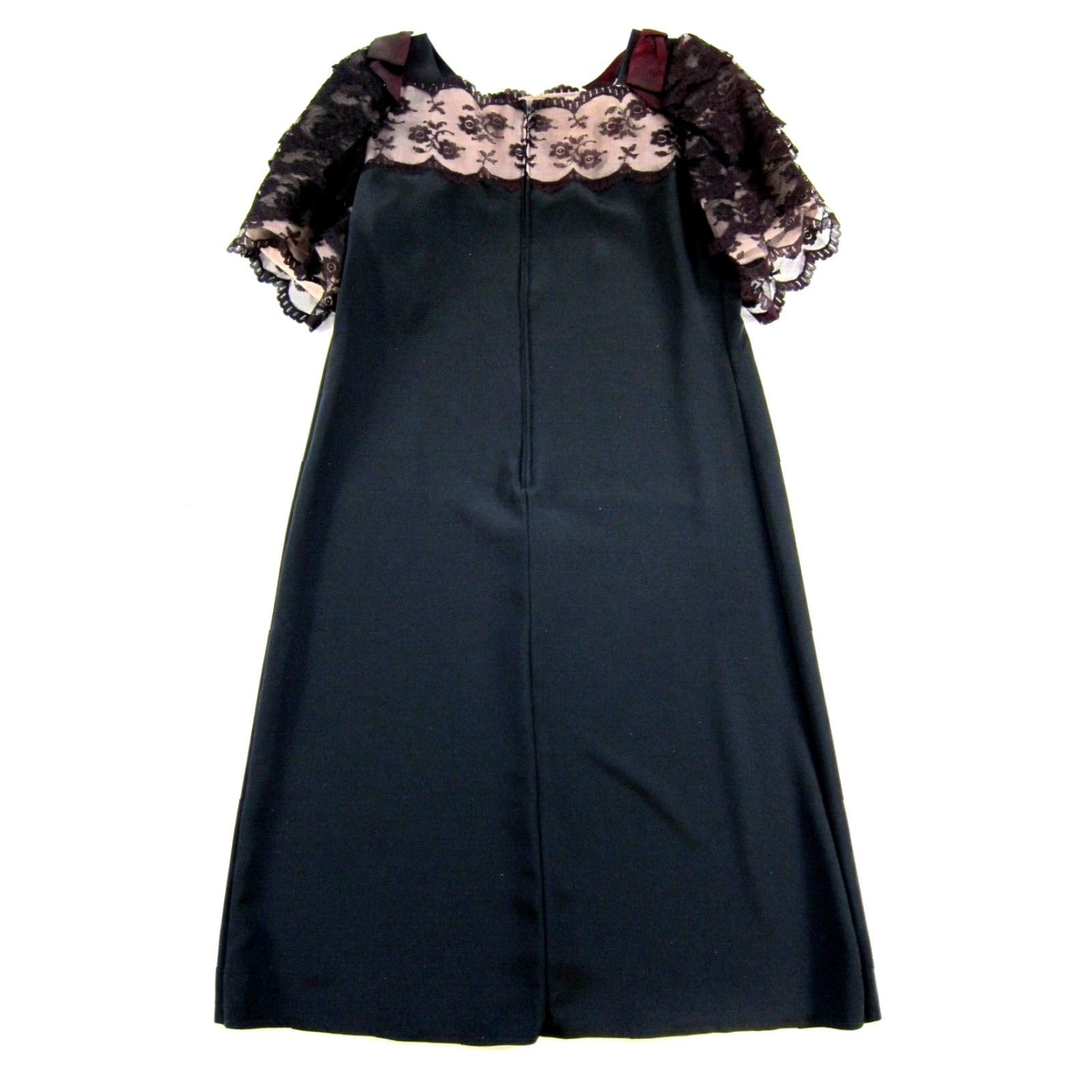 Vintage VINTAGE Black Silky Burgundy Lace Bow Short Sleeve Tunic Smock Dress Large Size 36" / US 14 / IT 50 - 2 Thumbnail