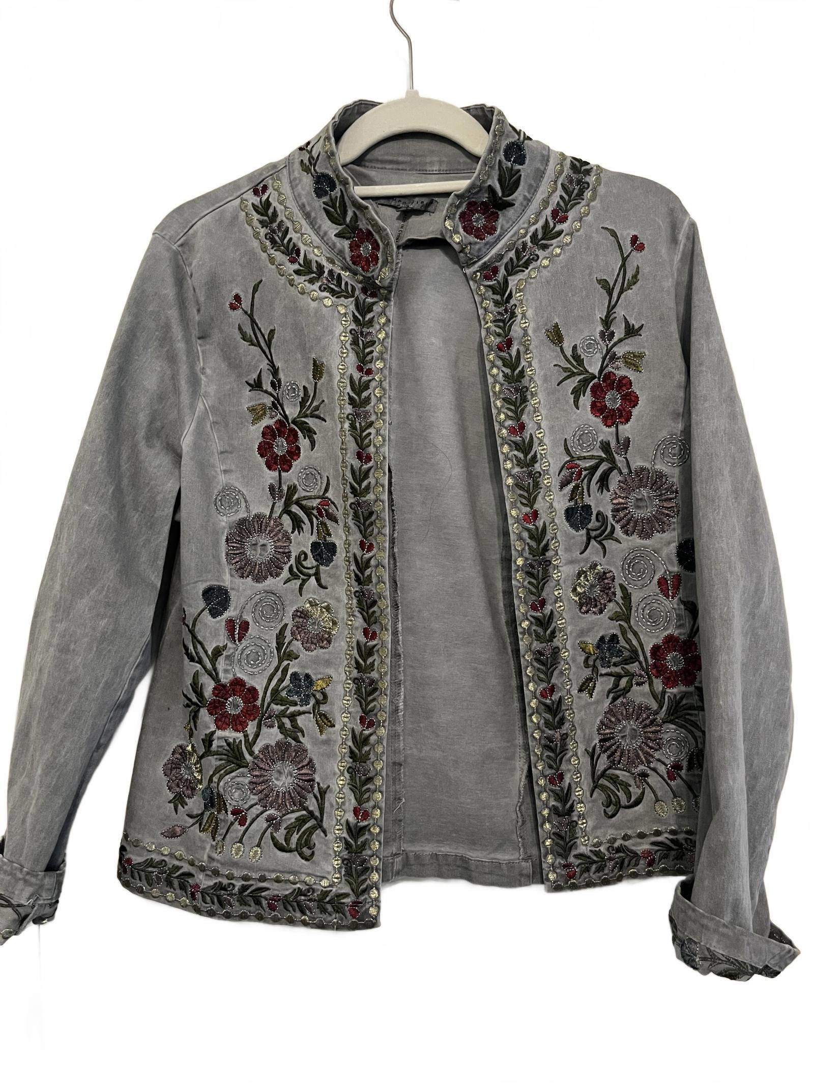 Designer Tempo Paris Embroidered Gray Jacket with Floral Design Size L / US 10 / IT 46 - 4 Thumbnail