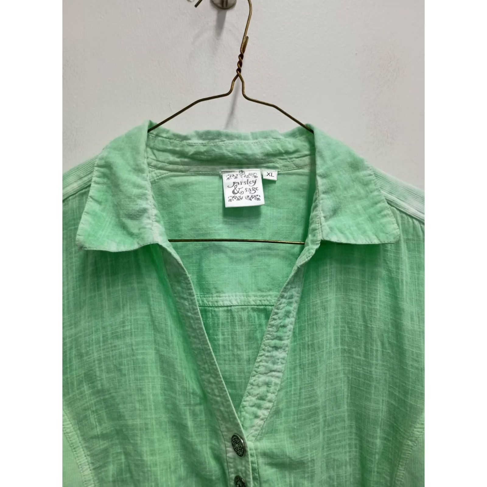 Vintage Parsley & Sage Wearable Art Lagenlook Shirt XL Green Washed Button Up 3/4 Sleeve Size XL / US 12-14 / IT 48-50 - 2 Thumbnail
