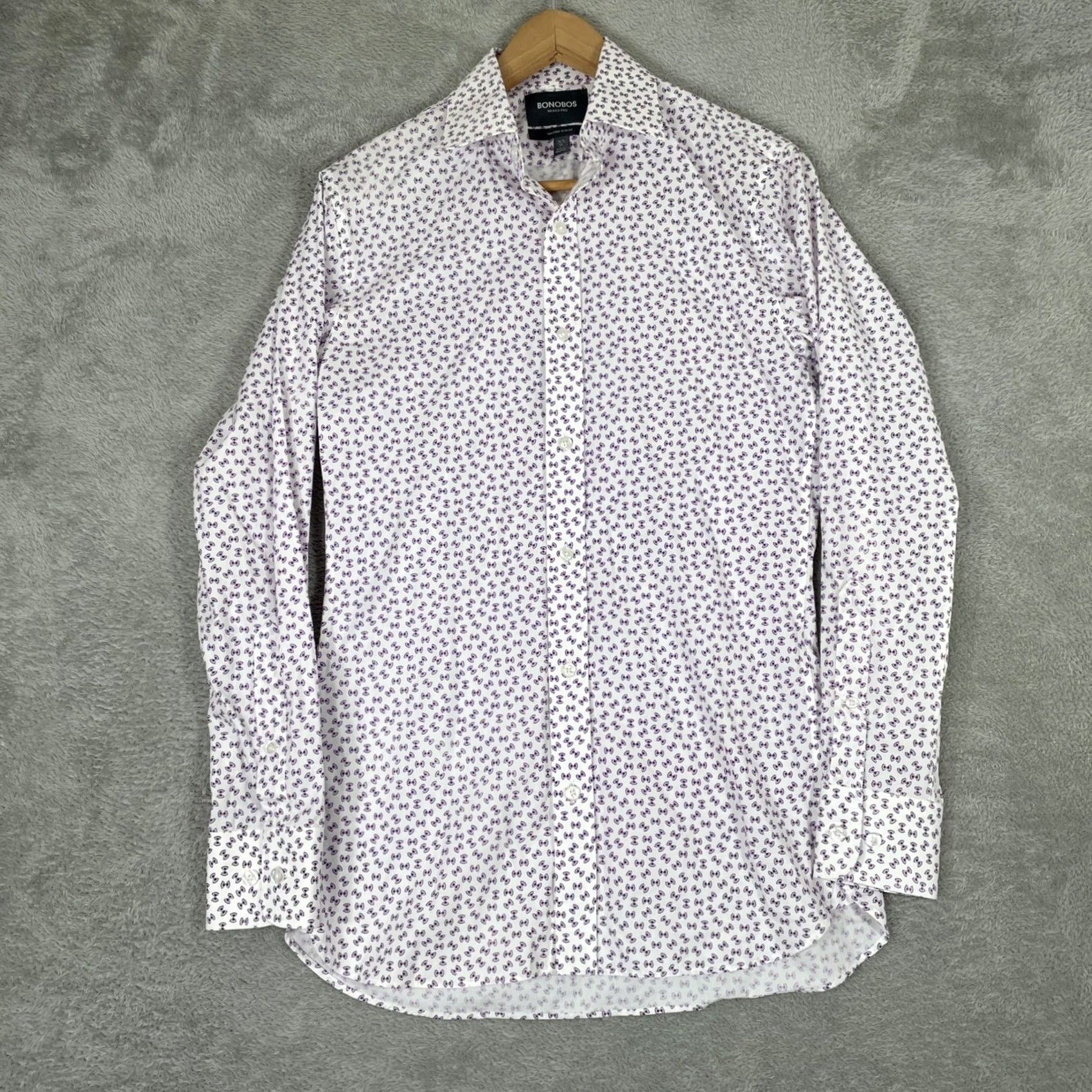 Bonobos Bonobos Dress Shirt Mens 14.5 33 White Purple Bow Tie Print Slim Fit Size 40R - 2 Thumbnail