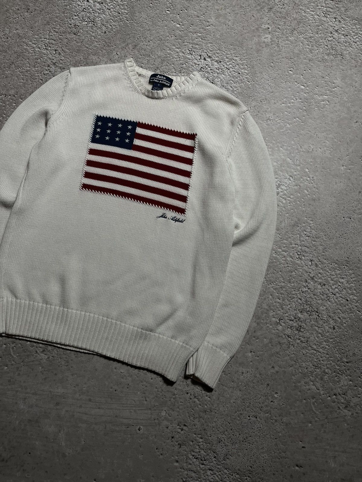 Vintage John Ashfield White Knit Sweater with USA Flag Patch - Small Size US S / EU 44-46 / 1 - 2 Thumbnail
