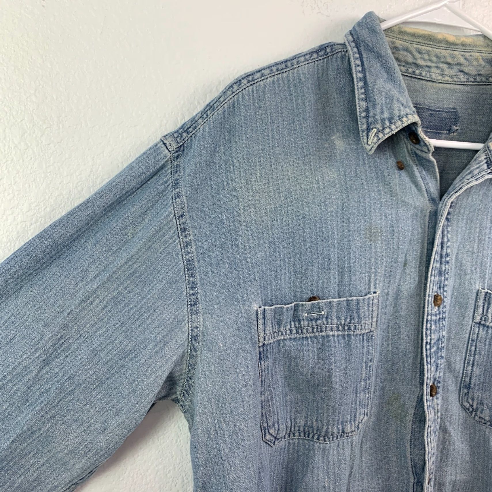 Denime Vintage Denim Button-Up Shirt XL 45" Chest Blue Solid Thrashed Destroyed Distressed Casual Mens Shirt Size US XL / EU 56 / 4 - 2 Thumbnail