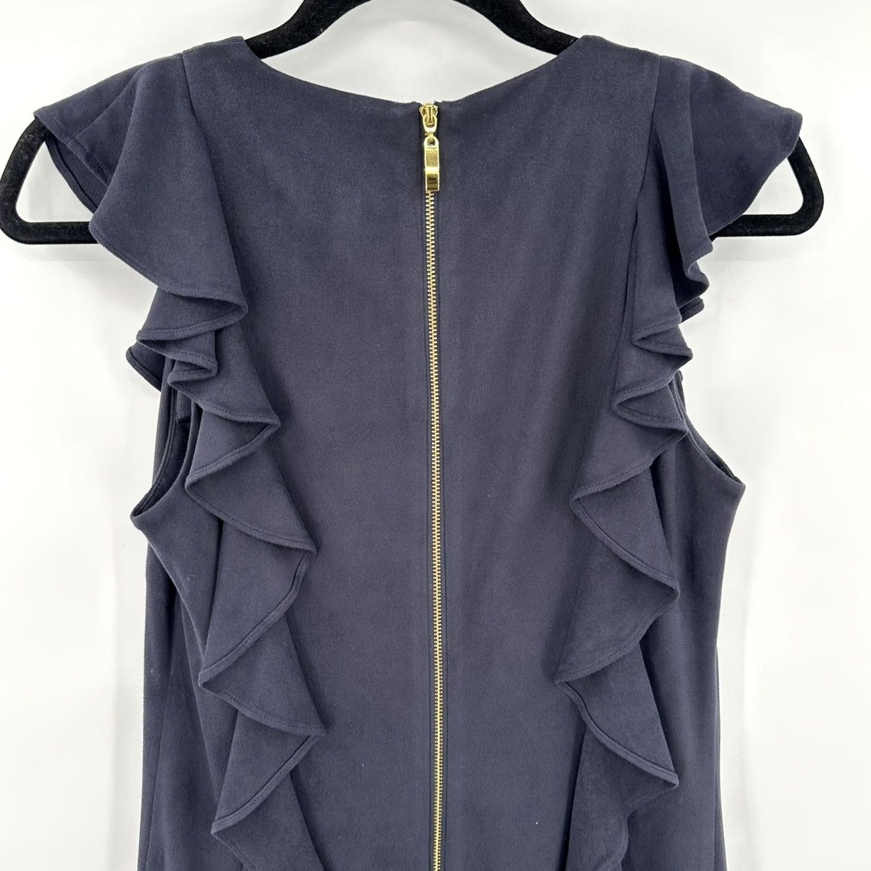 Vintage Julie Brown NYC Navy Blue Faux Suede Ruffle Shift Dress Petite P Sleeveless Mini Size XS / US 0-2 / IT 36-38 - 6 Thumbnail