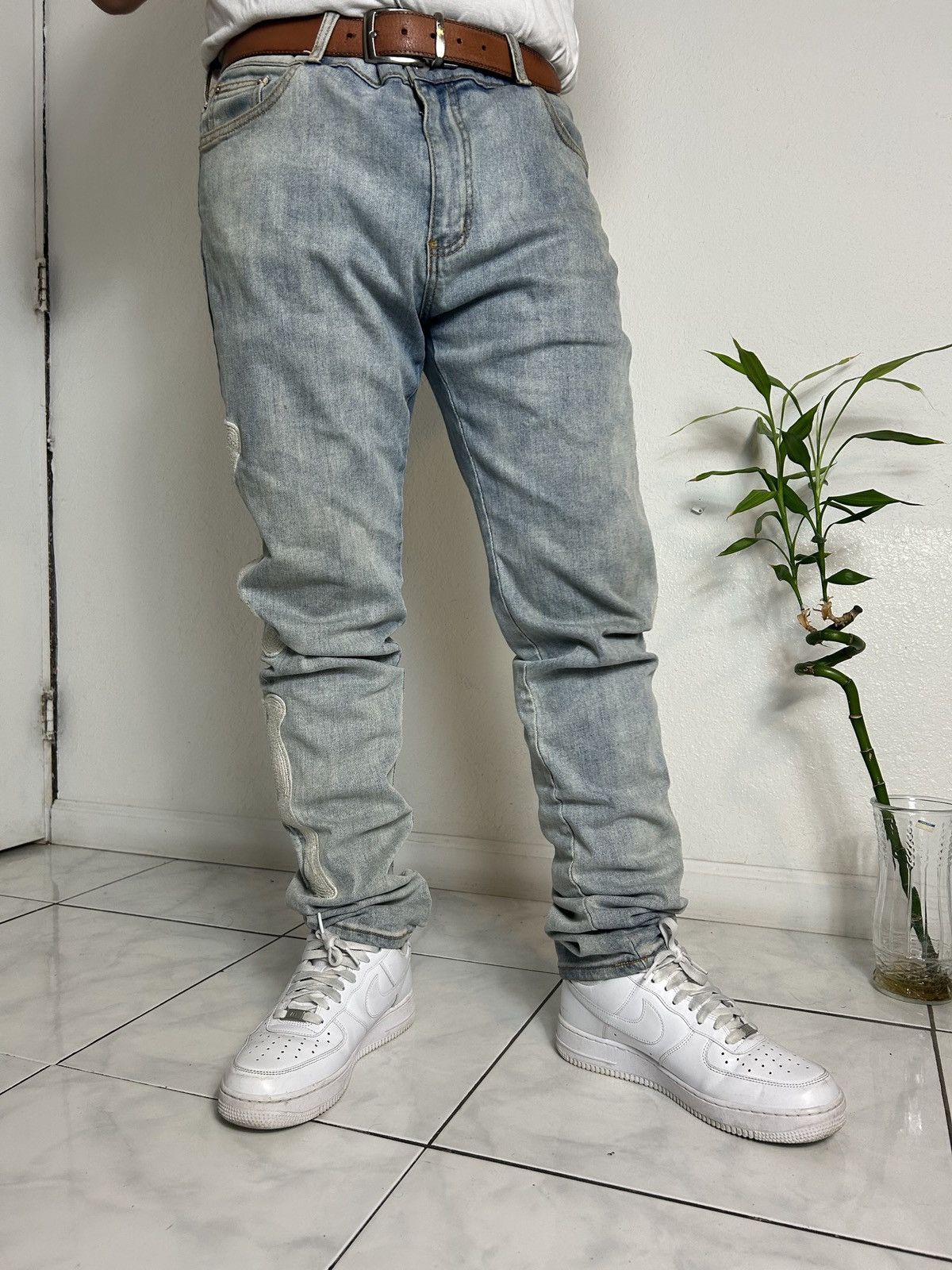 MNML Custom washed distressed denim jeans with skeleton bones Size US 36 / EU 52 - 6 Thumbnail
