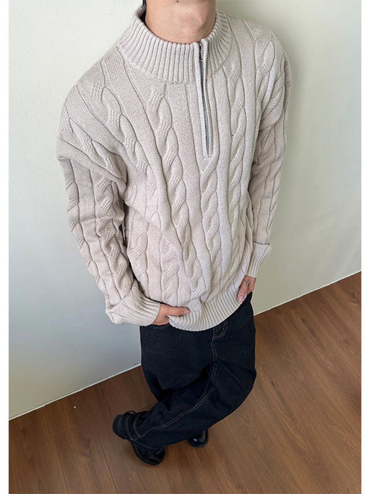 Other Beige Cable Knit Half Zip Sweater, Men's Cozy Knitwear Size US M / EU 48-50 / 2 - 2 Thumbnail
