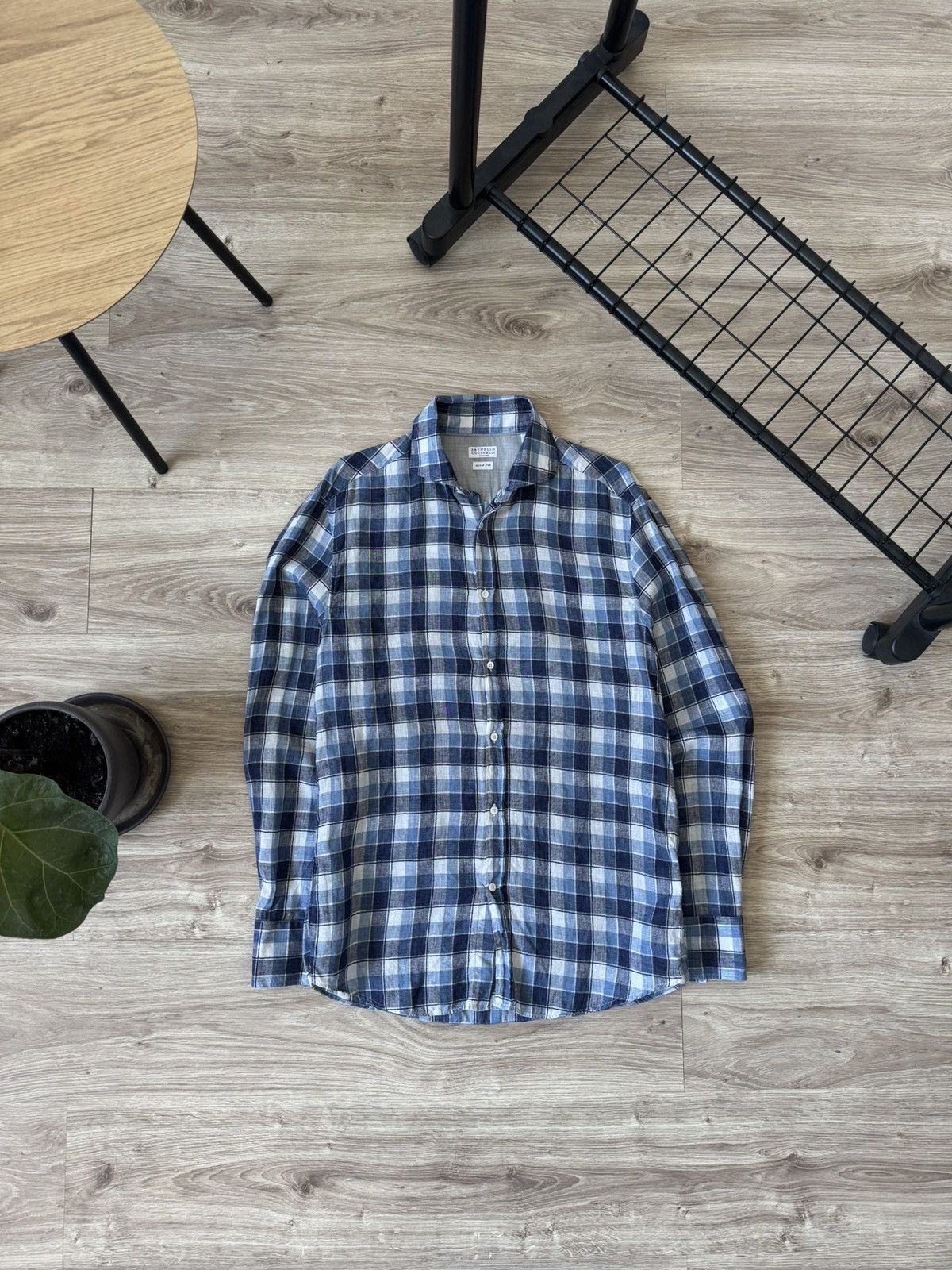 Brunello Cucinelli Brunello Cucinelli Slim Fit Linen Check Button Up Shirt Size US L / EU 52-54 / 3 - 1 Thumbnail