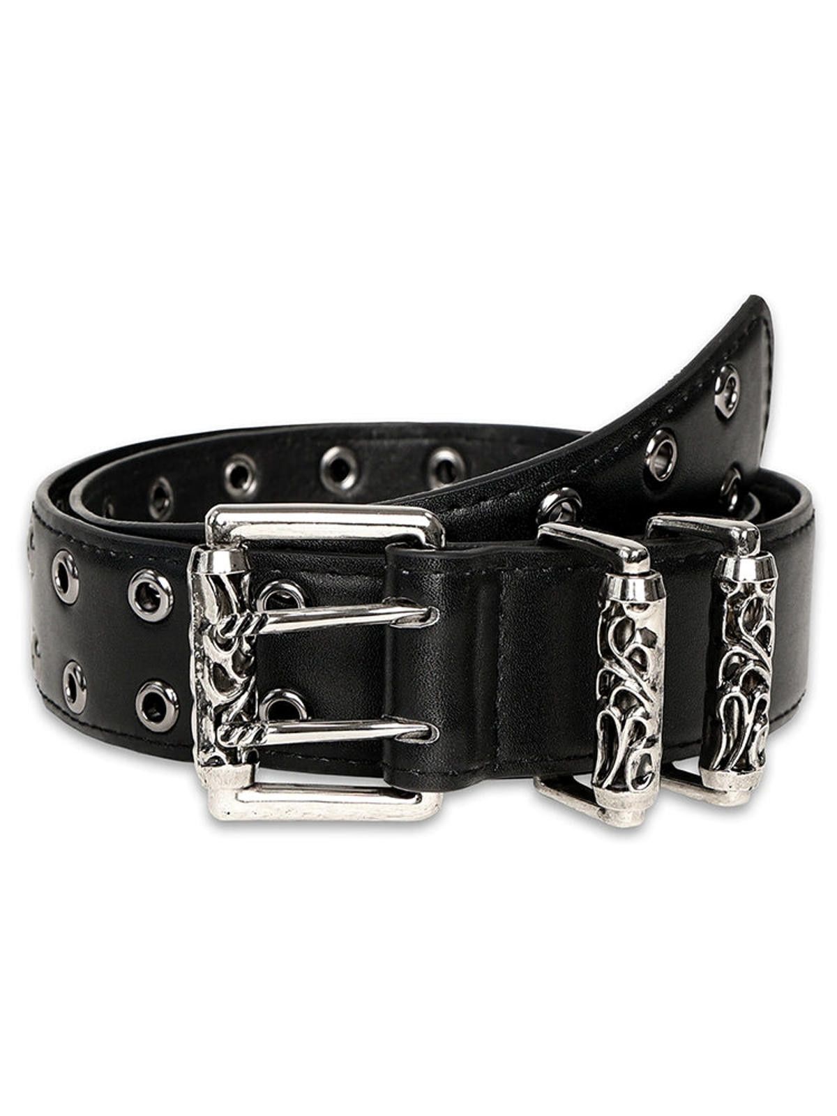 Leather Black Leather Grommet Belt with Heavy-Duty Silver Buckle Size ONE SIZE - 2 Thumbnail