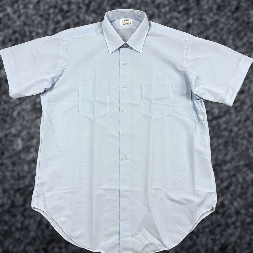 VINTAGE Sears Shirt Mens 16.5 Light Blue Duralon Button-Front 70s Disco Casual Short Sleeve