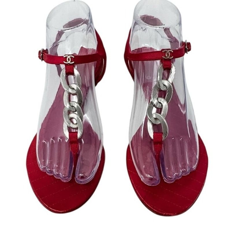 Chanel Chanel Red Silver Chain T Strap CC Logo Flat Sandals sz 37.5 Size US 7.5 / IT 37.5 - 1 Thumbnail