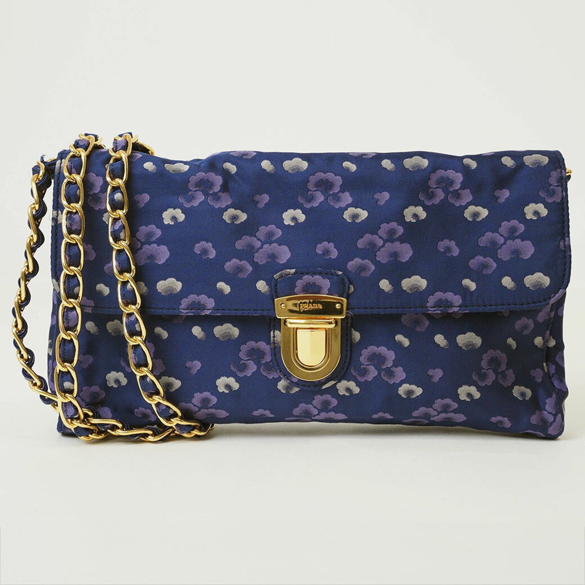 Prada Prada Nylon Chain Shoulder Bag Navy BP0584 Women's Flower Print Crossbody Satin PRADA Size ONE SIZE - 1 Thumbnail