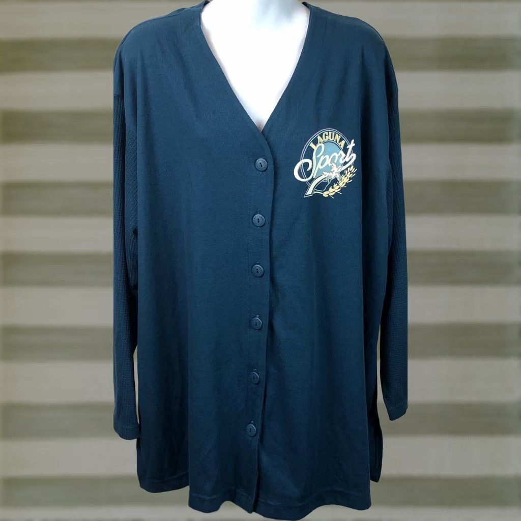 Vintage Laguna Sport Jersey Shirt Top 22W Turquoise Button Front V-Neck Longsleeve Womens Plus Size 22W Turquoise Jersey Sports Active Wear Size 3XL / US 20-22 - 1 Thumbnail