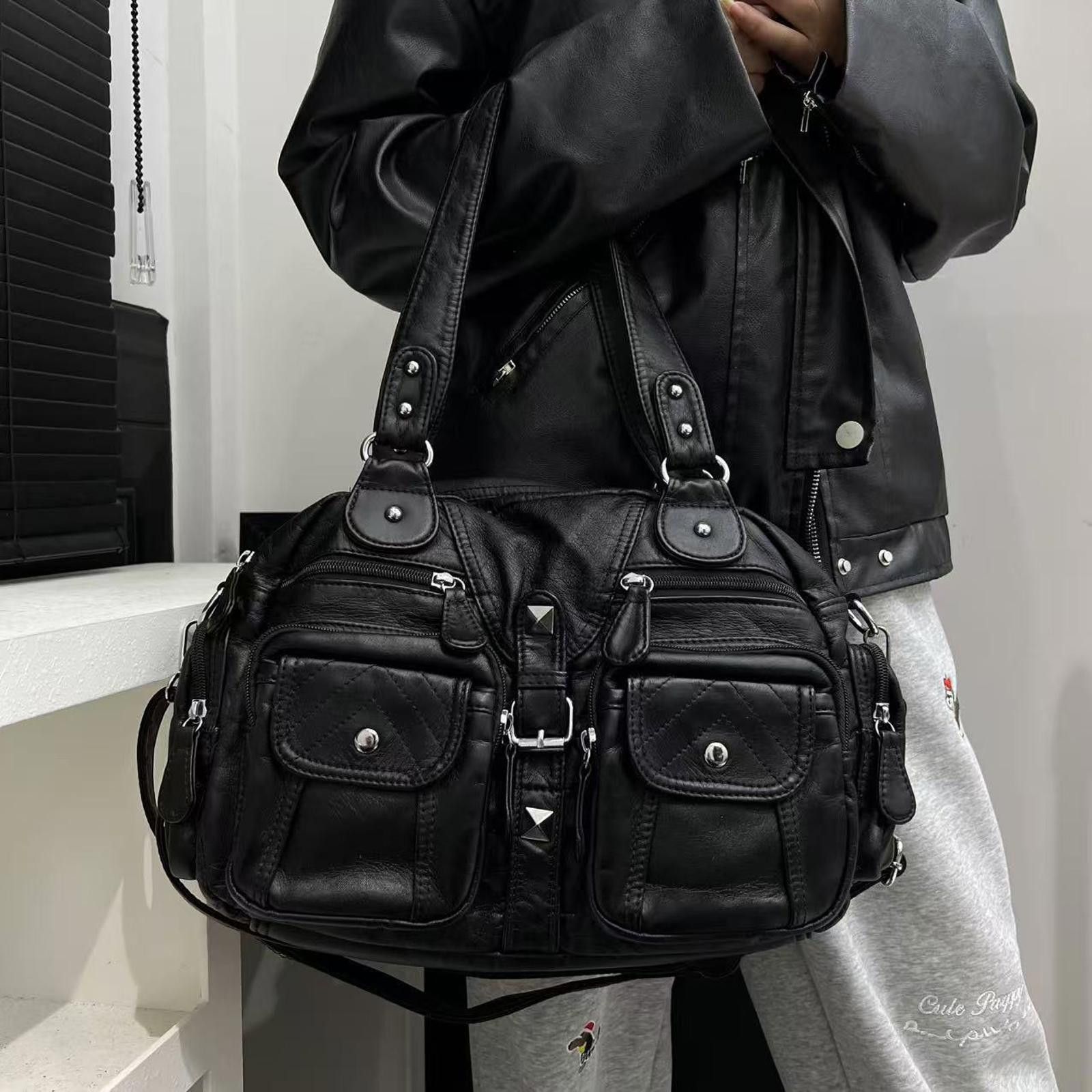 Vintage Black Quilted Leather Shoulder Bag, Multi-Pocket Handbag Size ONE SIZE - 3 Thumbnail