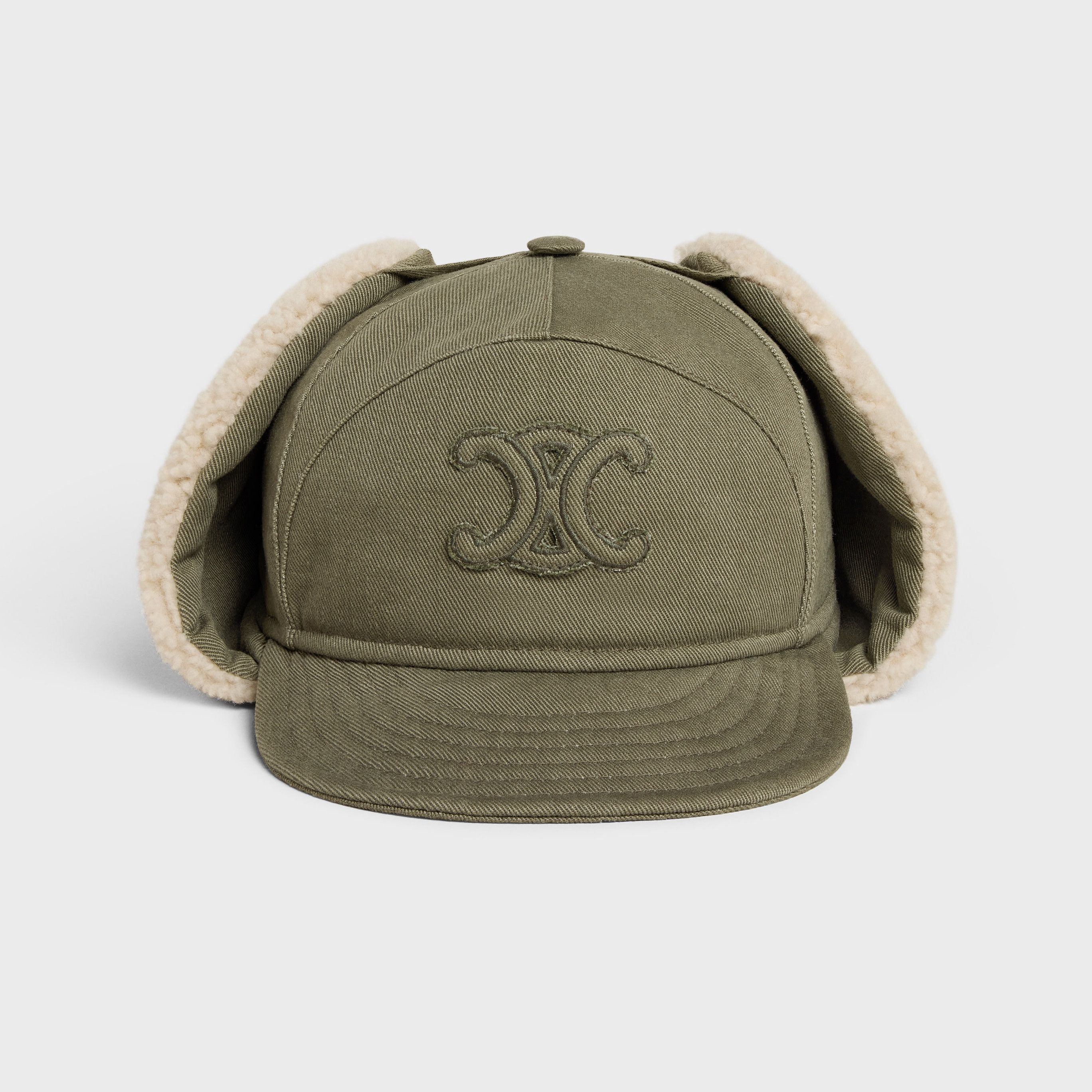 Celine CELINE Triomphe Chapka Shearling & green cotton ear flap hat Size ONE SIZE - 2 Thumbnail