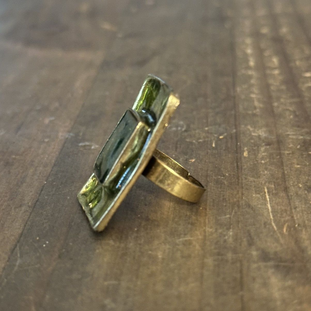 Vintage Vintage bronze tone rectangular green stone statement ring Size ONE SIZE - 7 Thumbnail