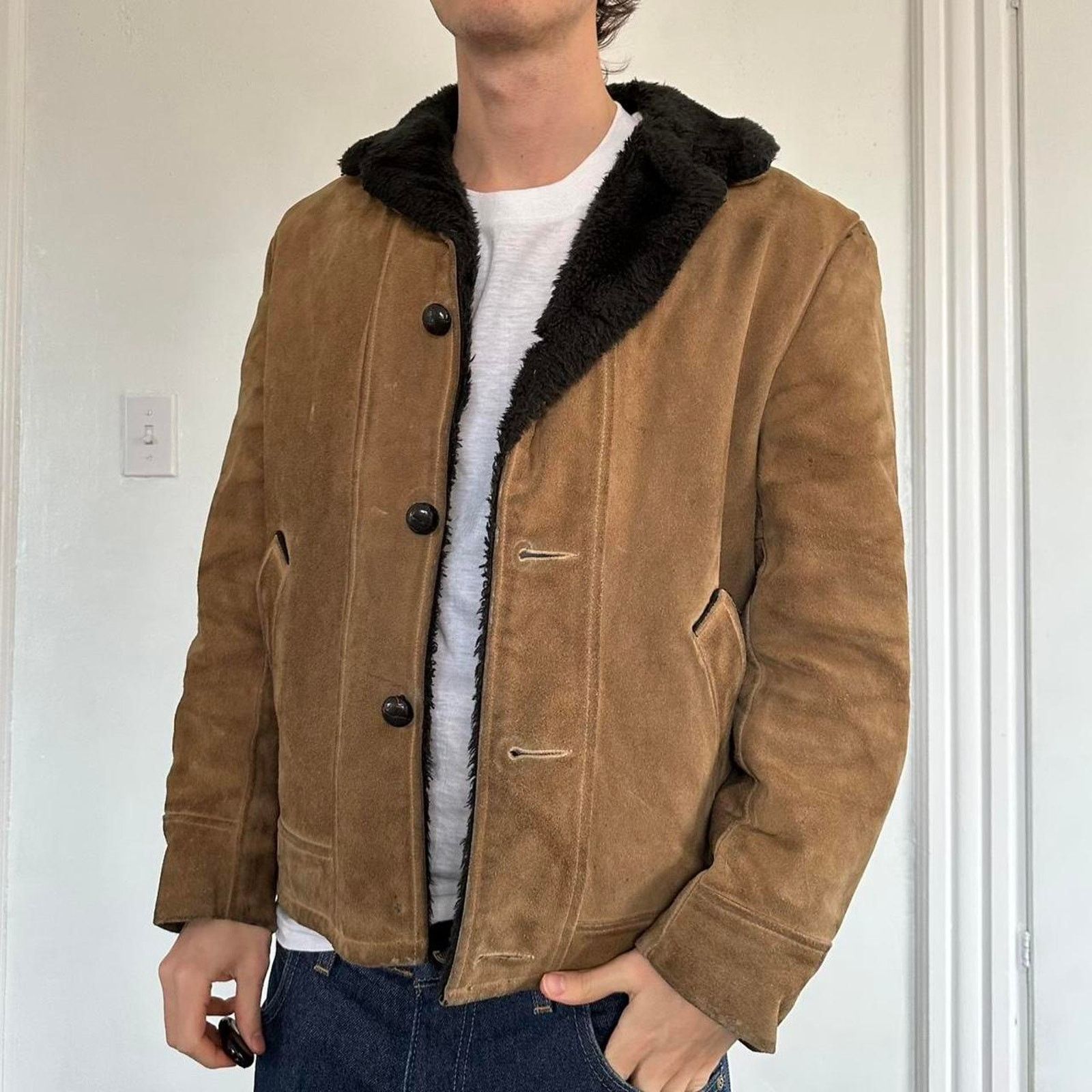 Vintage Vintage 50s Kurland Star Suede Fur Lined Blazer Jacket Coat Size L / US 10 / IT 46 - 2 Thumbnail