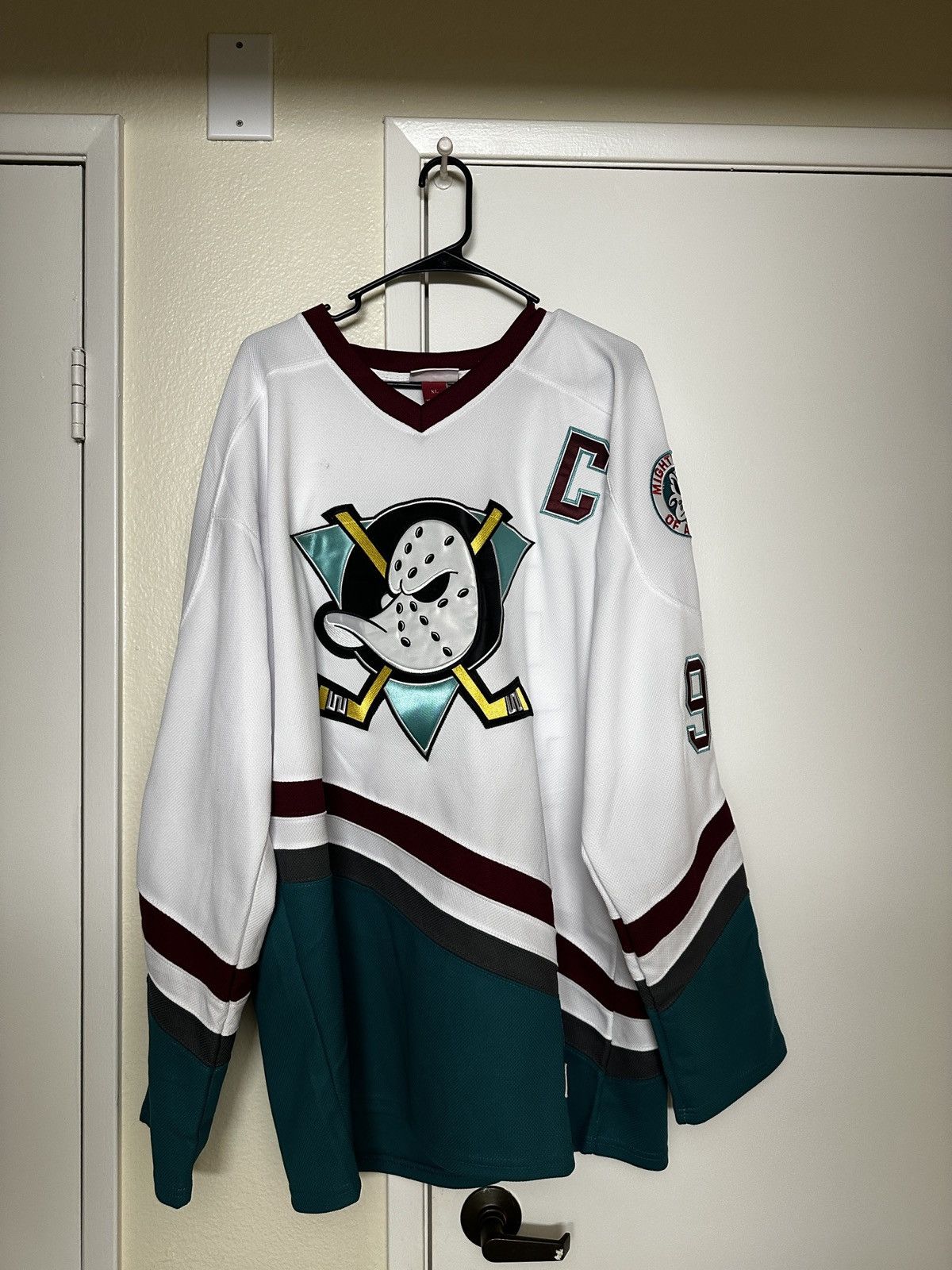 image of The Mighty Ducks Charlie Conway Mighty Ducks Jersey in Teal Red White, Men's (Size XL)