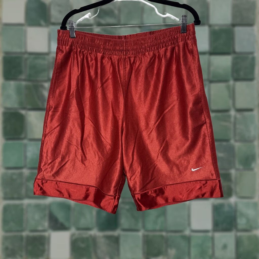 VINTAGE Nike Men's M Shorts Red Silky 9" Inseam Pocket Swoosh Athletic Basketball