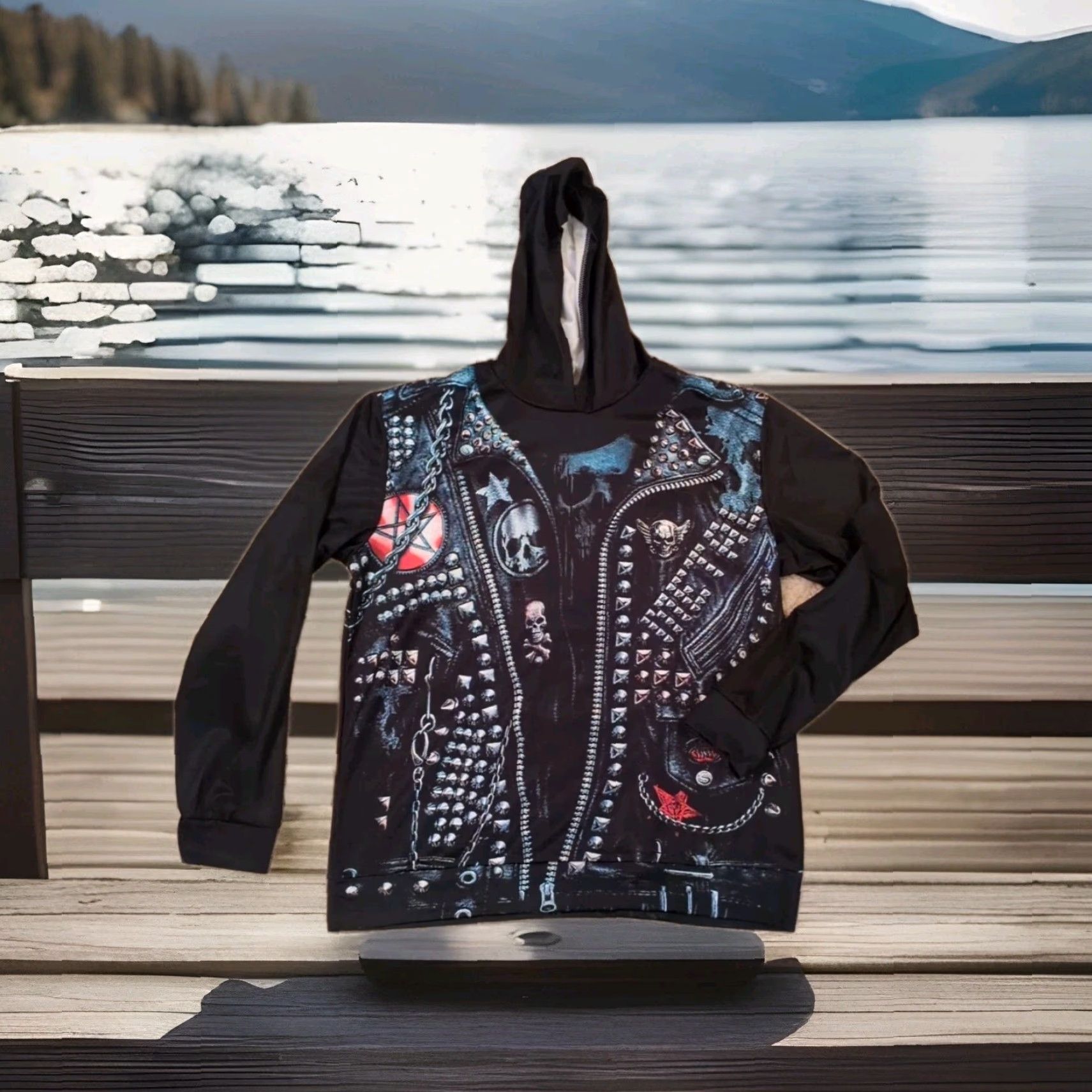 Vintage Metal Rock Biker Spikes Pullover Hoodie Black XL Logo Skull Graphic Print Men Size US XL / EU 56 / 4 - 4 Thumbnail