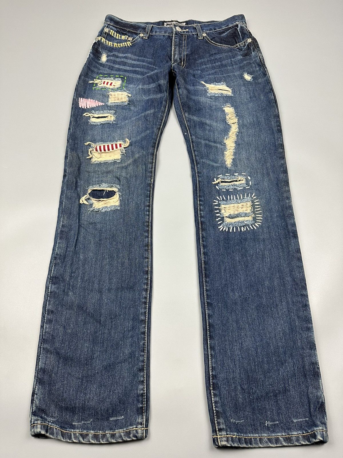 If Six Was Nine × Le Grande Bleu (L.G.B.) Distressed Japanese Brand Sashiko Patchwork Denim Size US 31 - 3 Thumbnail