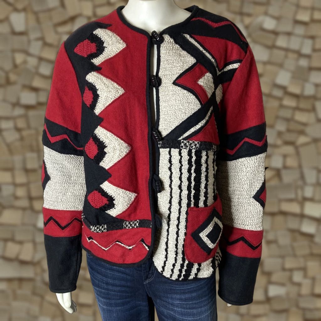 Coldwater Creek Aztec Jacket Women Size M Red Black Wool Blend