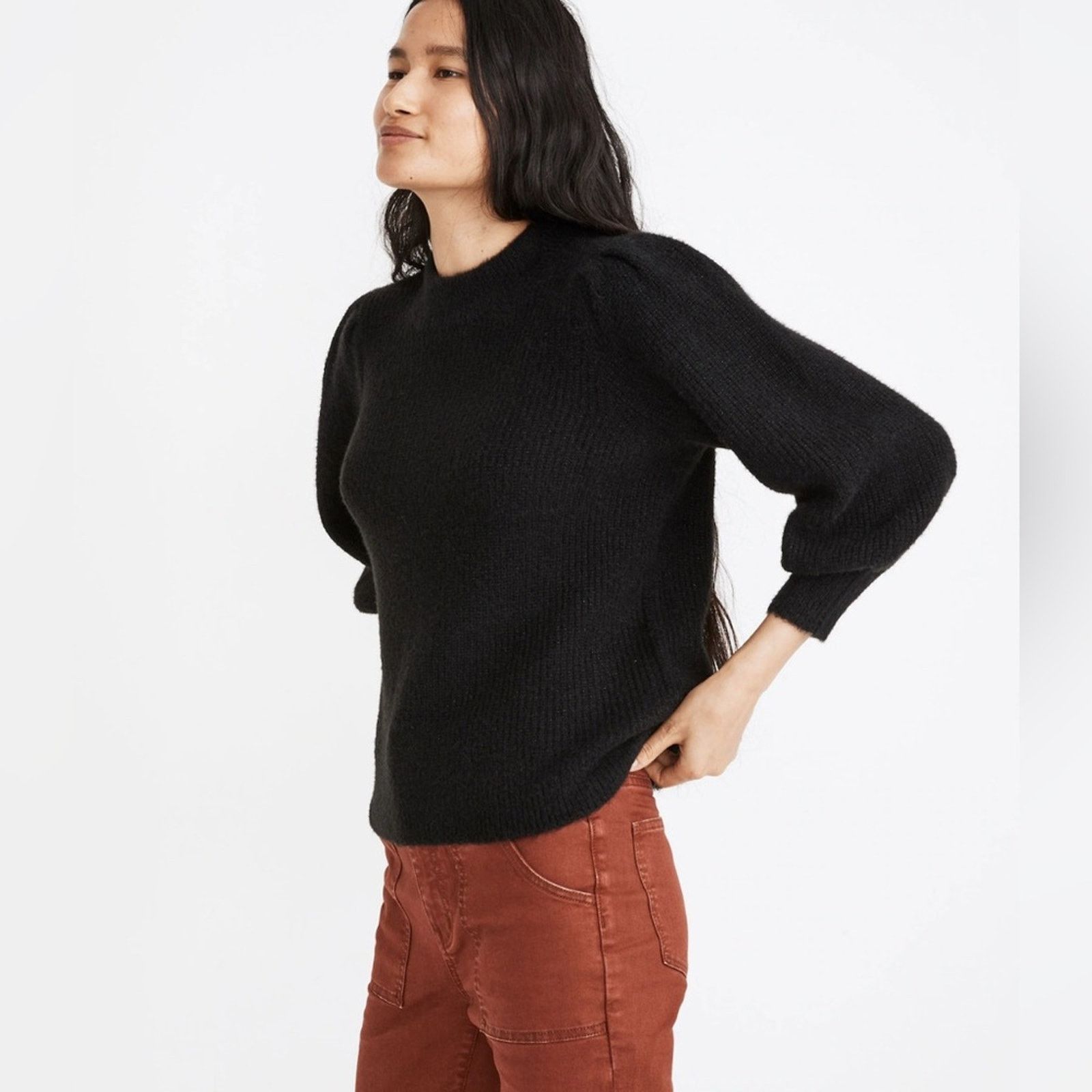 Madewell Maxwell Eaton Puff-Sleeve Pullover Sweater in Shimmery Black Size XS / US 0-2 / IT 36-38 - 9 Thumbnail