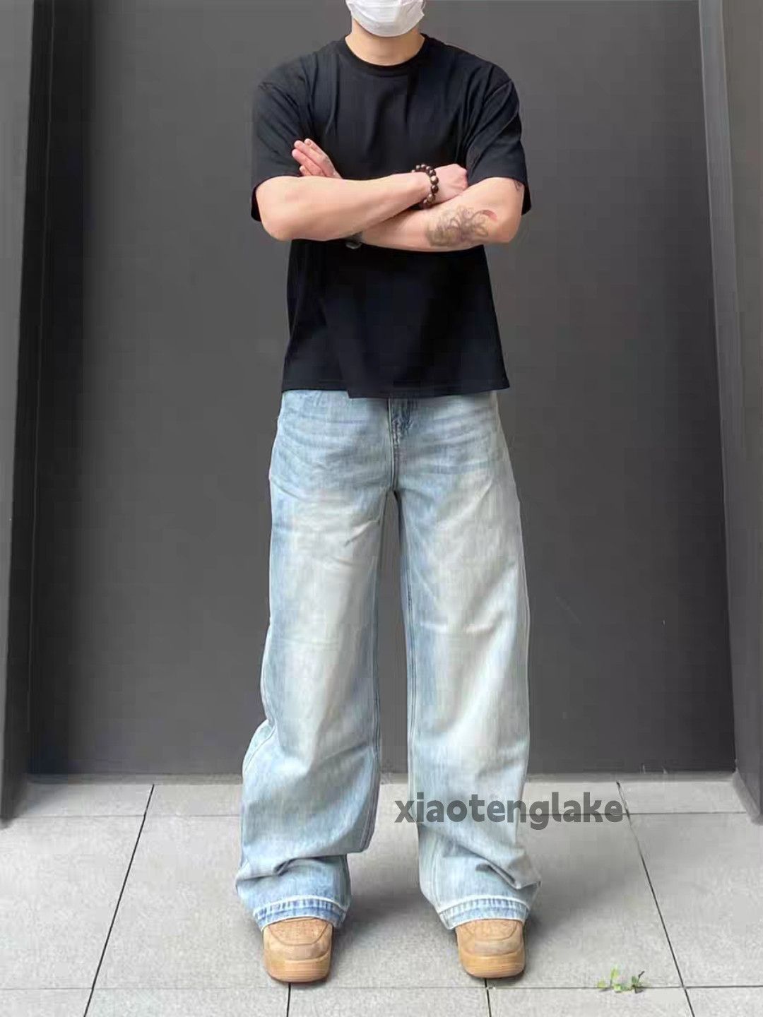 Custom washed faded light blue skate hiphop jeans