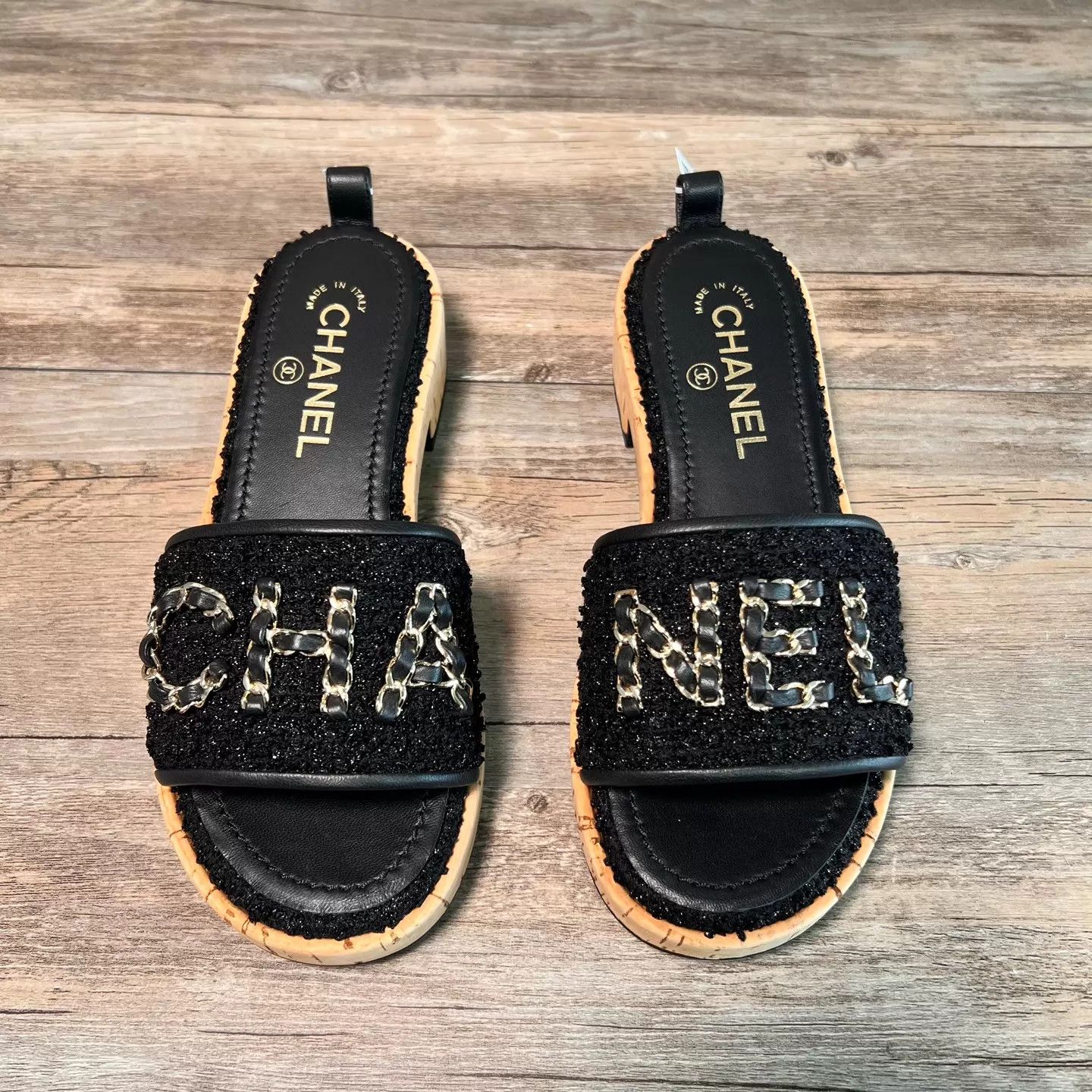 Chanel Chanel Black Chain Tweed Large Logo Slippers Size 36 Size US 5.5 / IT 35.5 - 6 Thumbnail