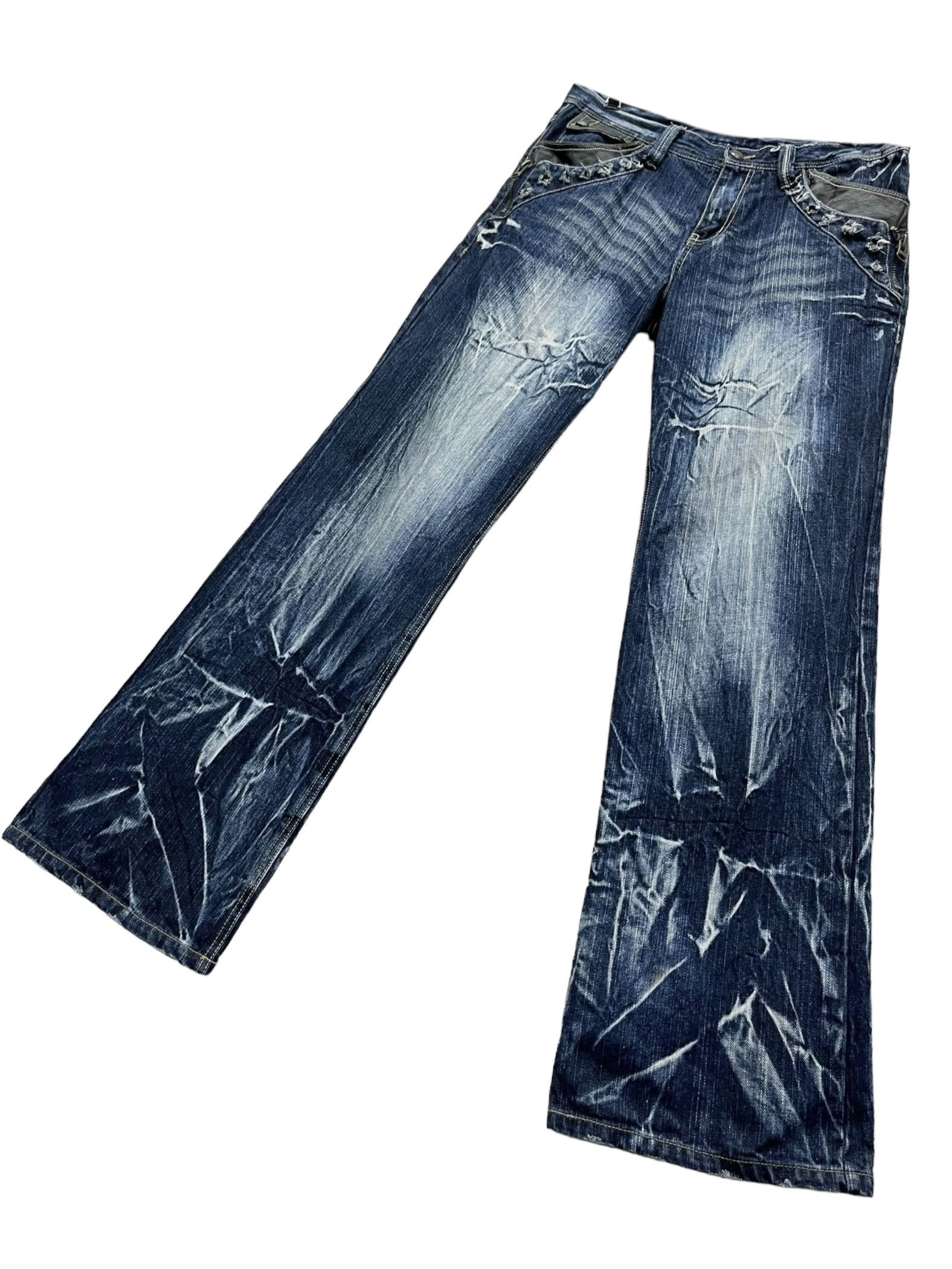 Seditionaries FYE🔥Vtg 90’s TRIXY Punk Studded Acid Wash Blue Flare Denim Size US 33 - 4 Thumbnail