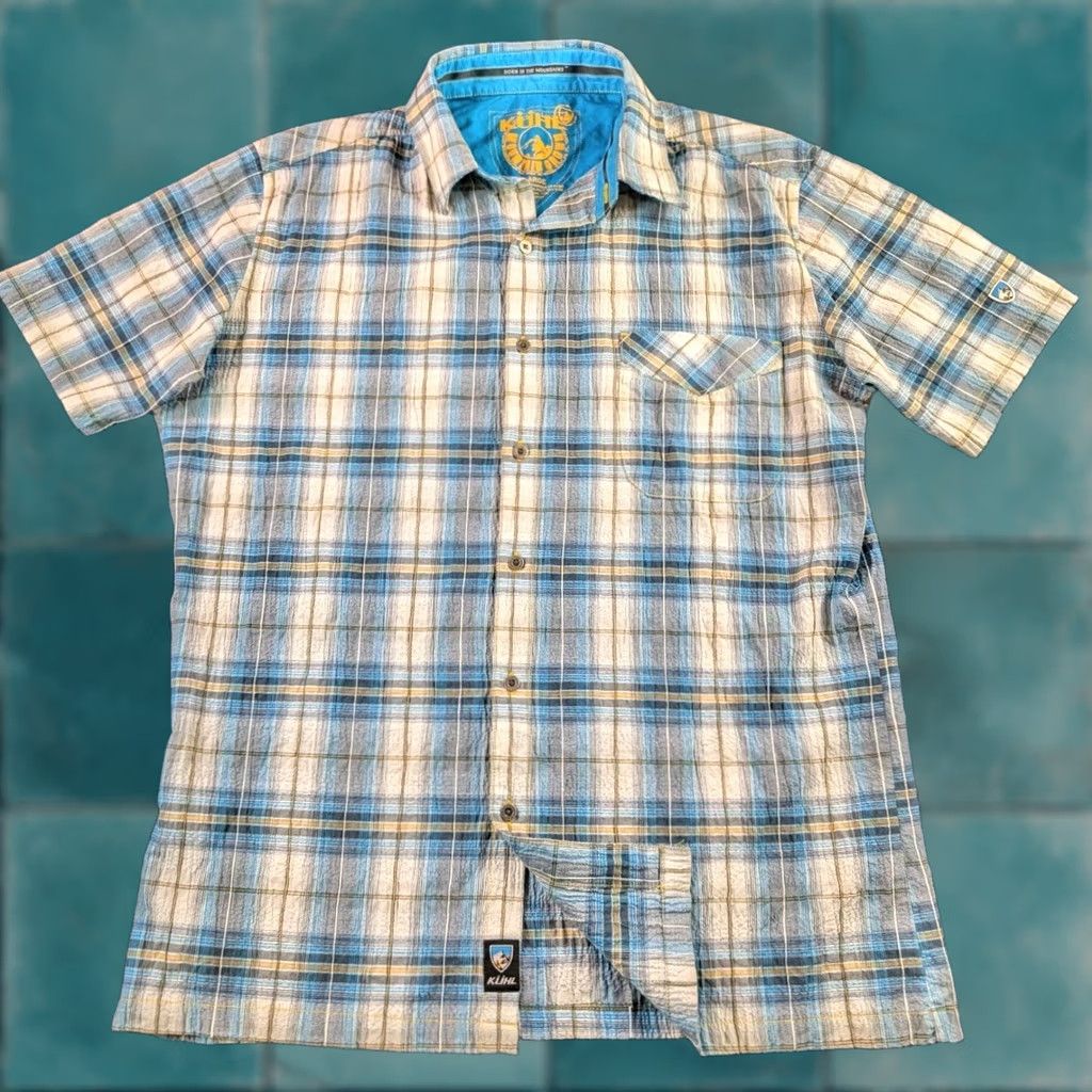Vintage Kuhl Shirt Mens Large Gray Blue Plaid Button Up Chambray Hiking Outdoors Utility Shirt Size US L / EU 52-54 / 3 - 1 Thumbnail