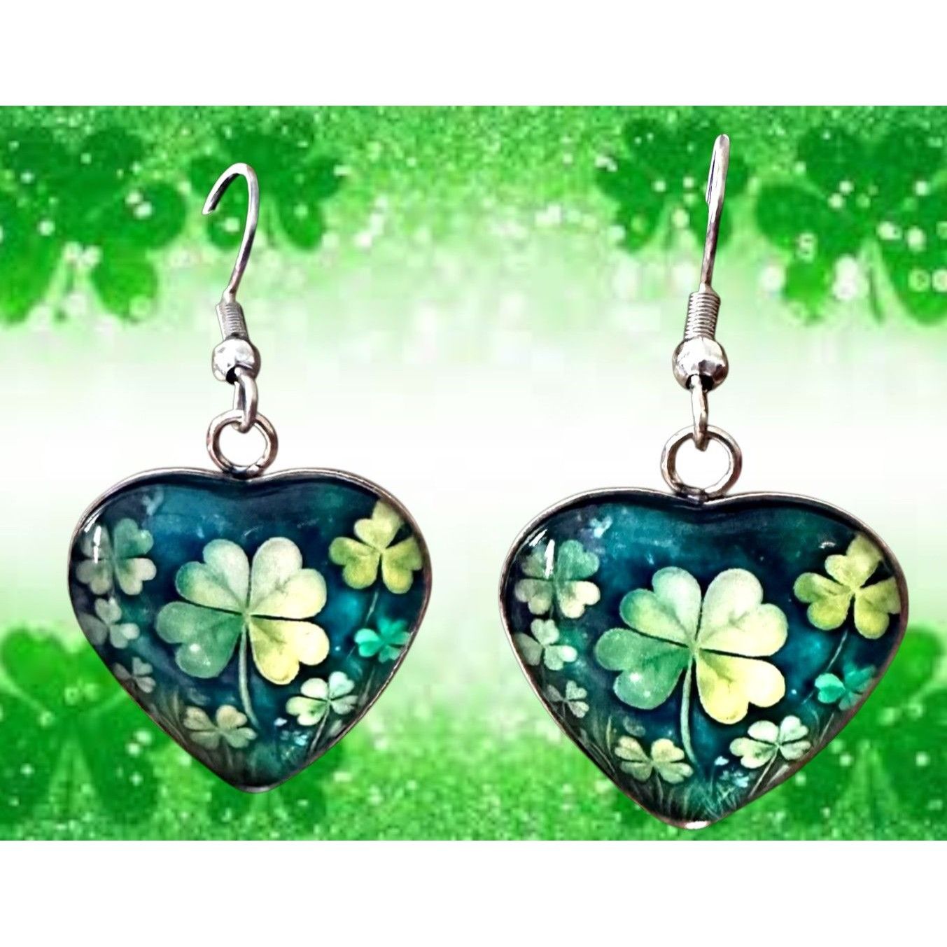 Handmade Shamrock Earrings St Patricks Day Clover Heart Shaped Dangle Size ONE SIZE - 1 Thumbnail