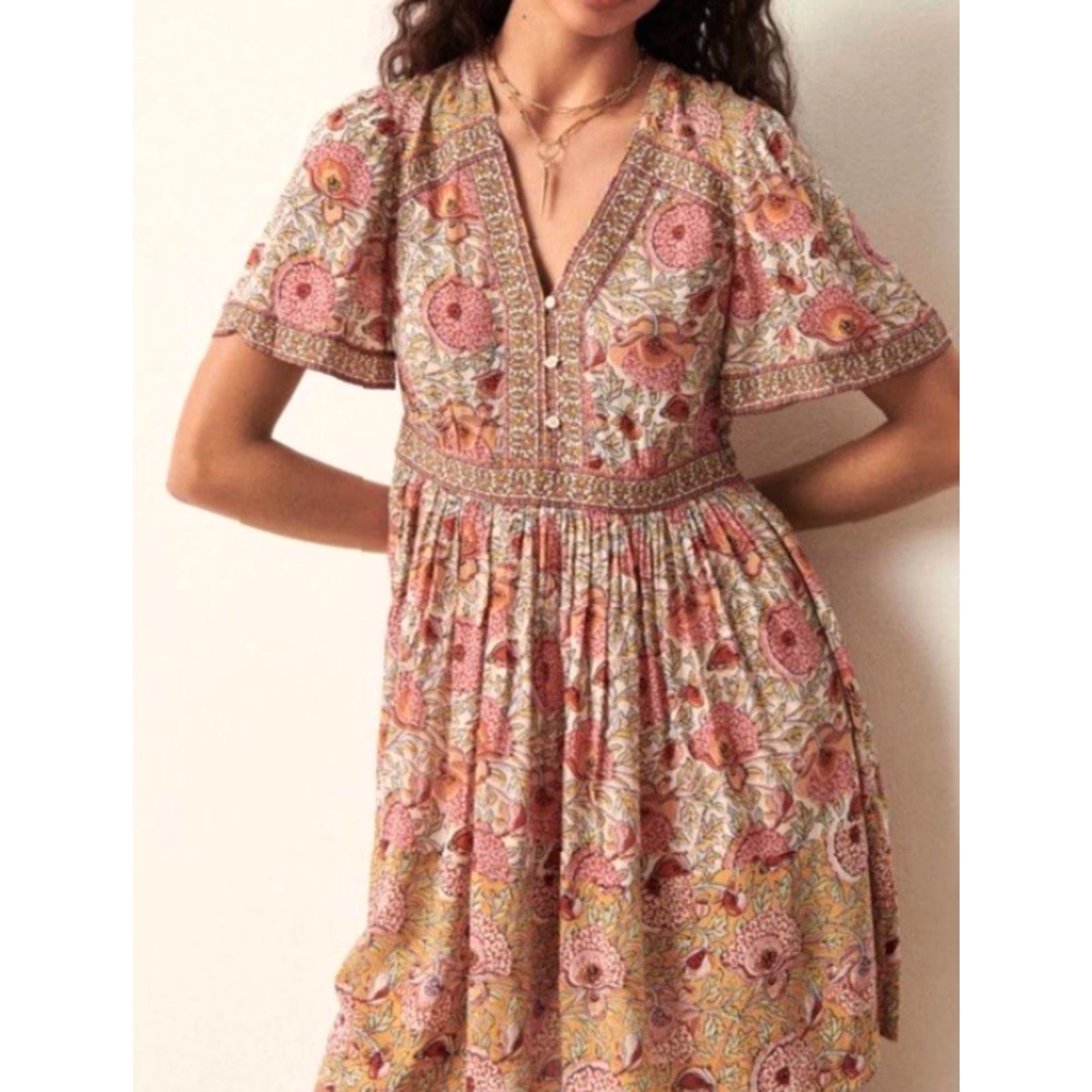 ba&sh BA&SH Valia Mini Dress Ocre Floral V-Neck Short Sleeve Zip Button Multicolor Boho S Womens Size S / US 4 / IT 40 - 2 Thumbnail