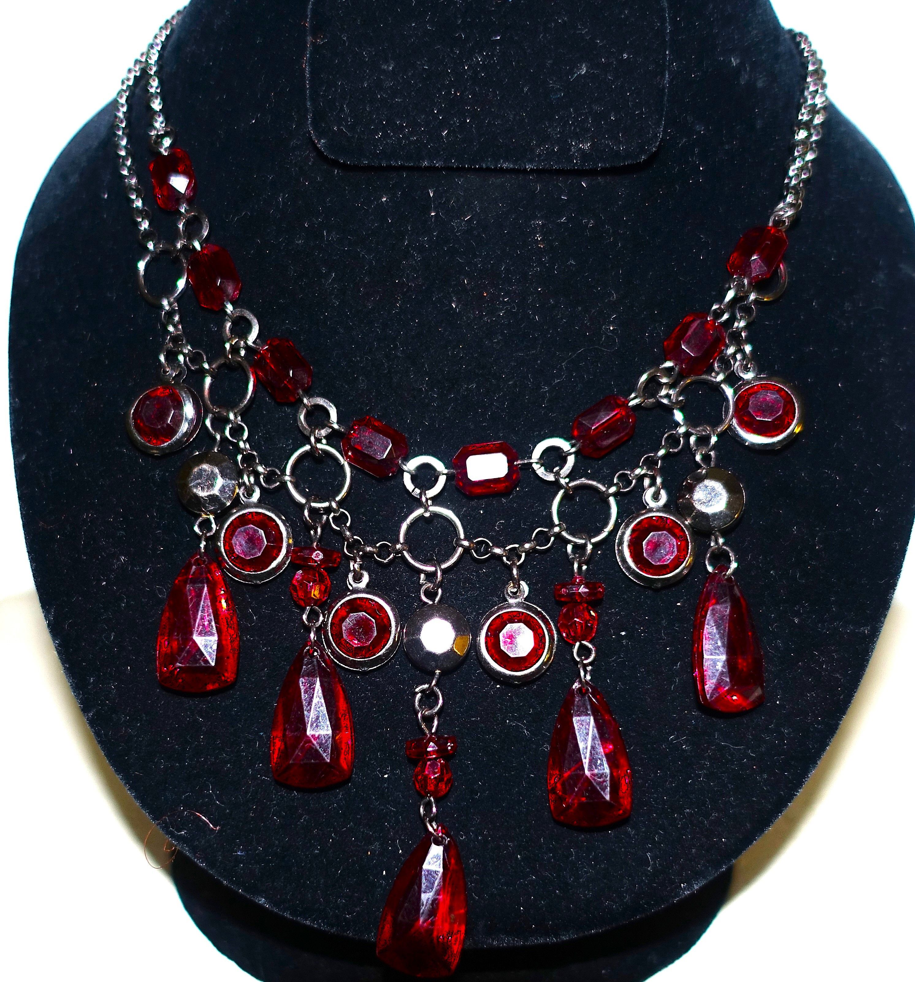 Other Silver Tone Burgundy Drop Beaded Goth Necklace Size ONE SIZE - 4 Thumbnail